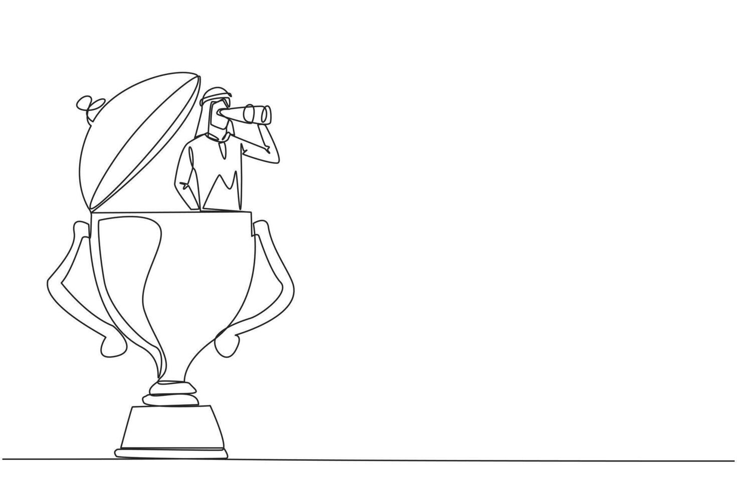 Continuous one line drawing Arabian businessman appears out of trophy looking for something through binoculars. Winner. Undoubted business success. Single line draw design illustration vector