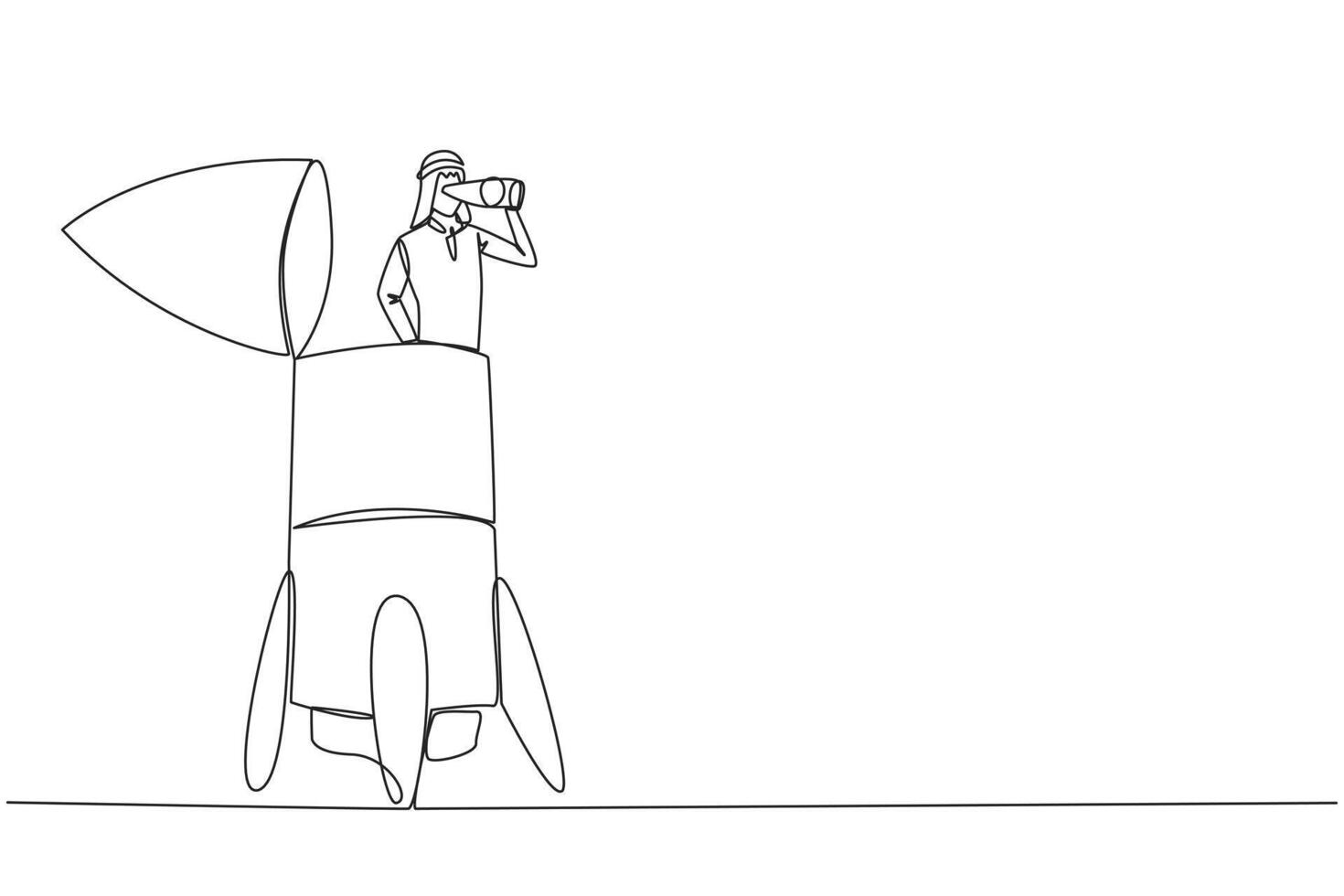Single continuous line drawing Arab businessman emerges from rocket looking for something through binoculars. Technical preparations completed. Time to skyrocket. One line design illustration vector