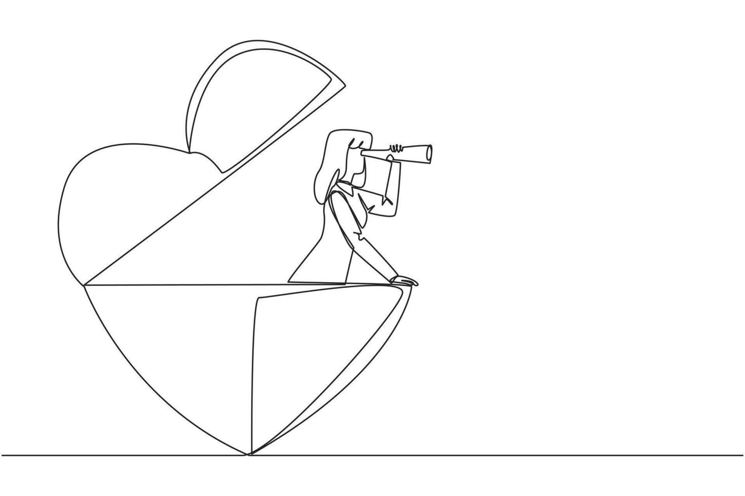 Continuous one line drawing businesswoman out of heart shape looks for something through binoculars. Looking for some people to do charity. Useful kindness. Single line draw design illustration vector