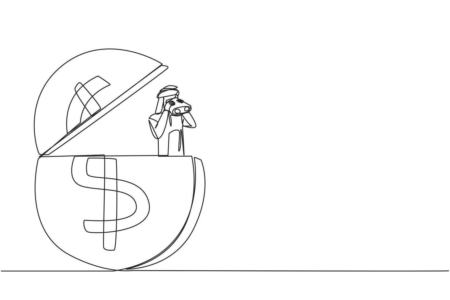 Single one line drawing Arabian businessman pops out of a dollar symbol coin looking for something through binoculars. Save slowly for a calmer old age. Continuous line design graphic illustration vector
