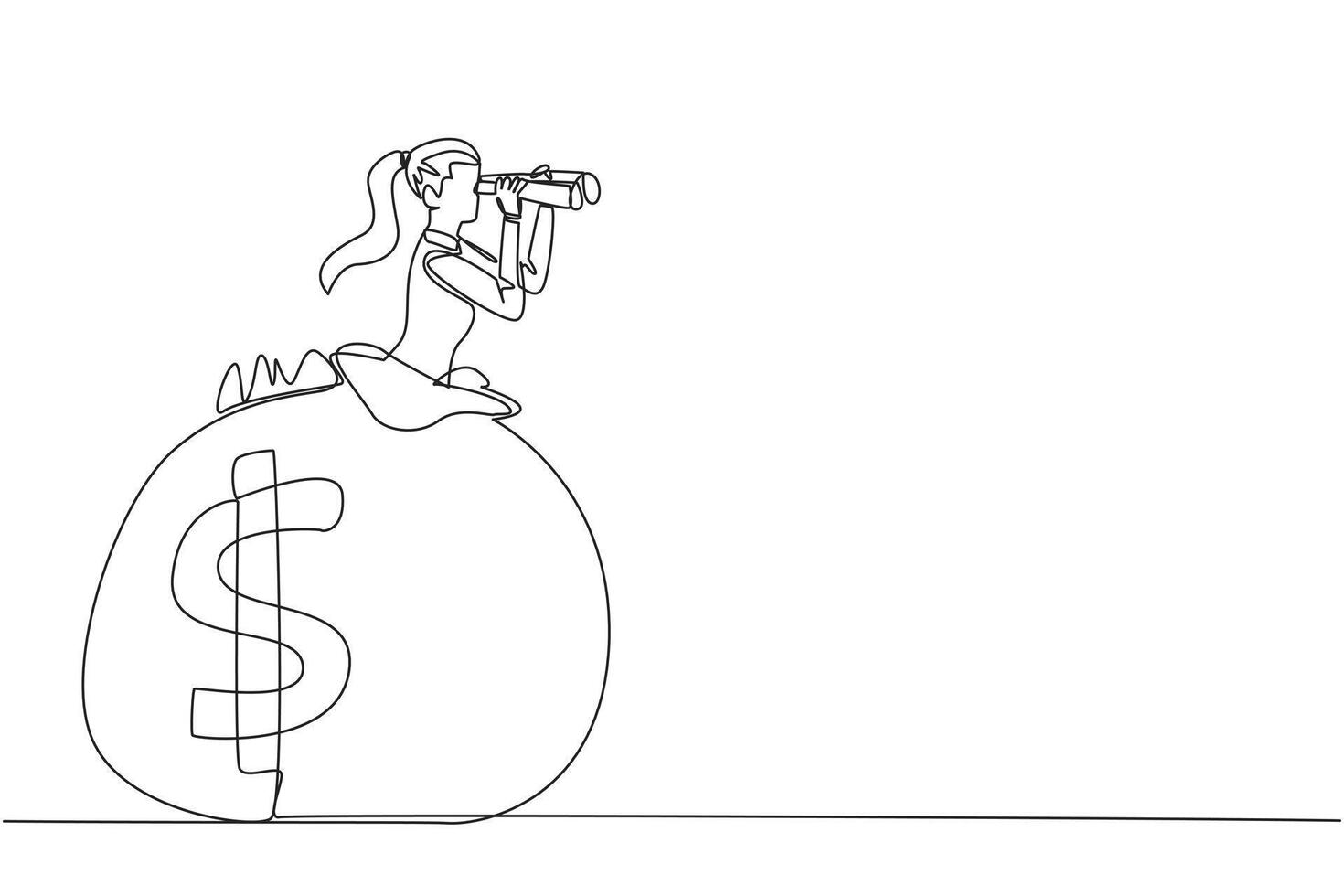 Single continuous line drawing businesswoman comes out of money bag looks for something through binoculars. Prepare for retirement and live comfortably in old age. One line design illustration vector