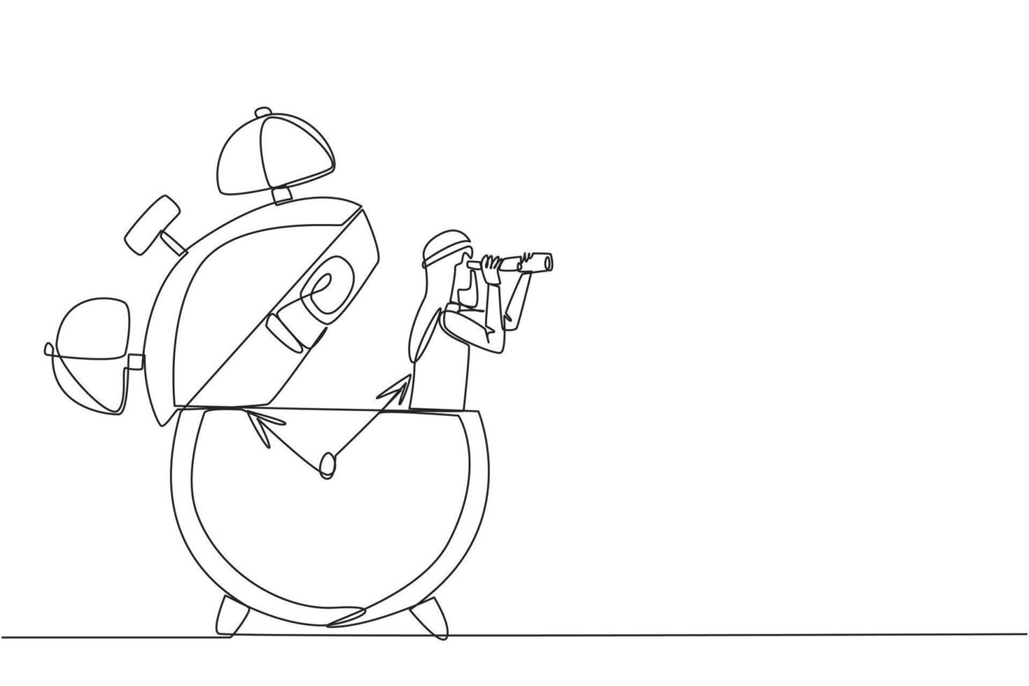 Single one line drawing Arabian businessman appears out of the alarm clock looking for something with binoculars. Unavoidable. The deadline is coming soon. Continuous line design graphic illustration vector