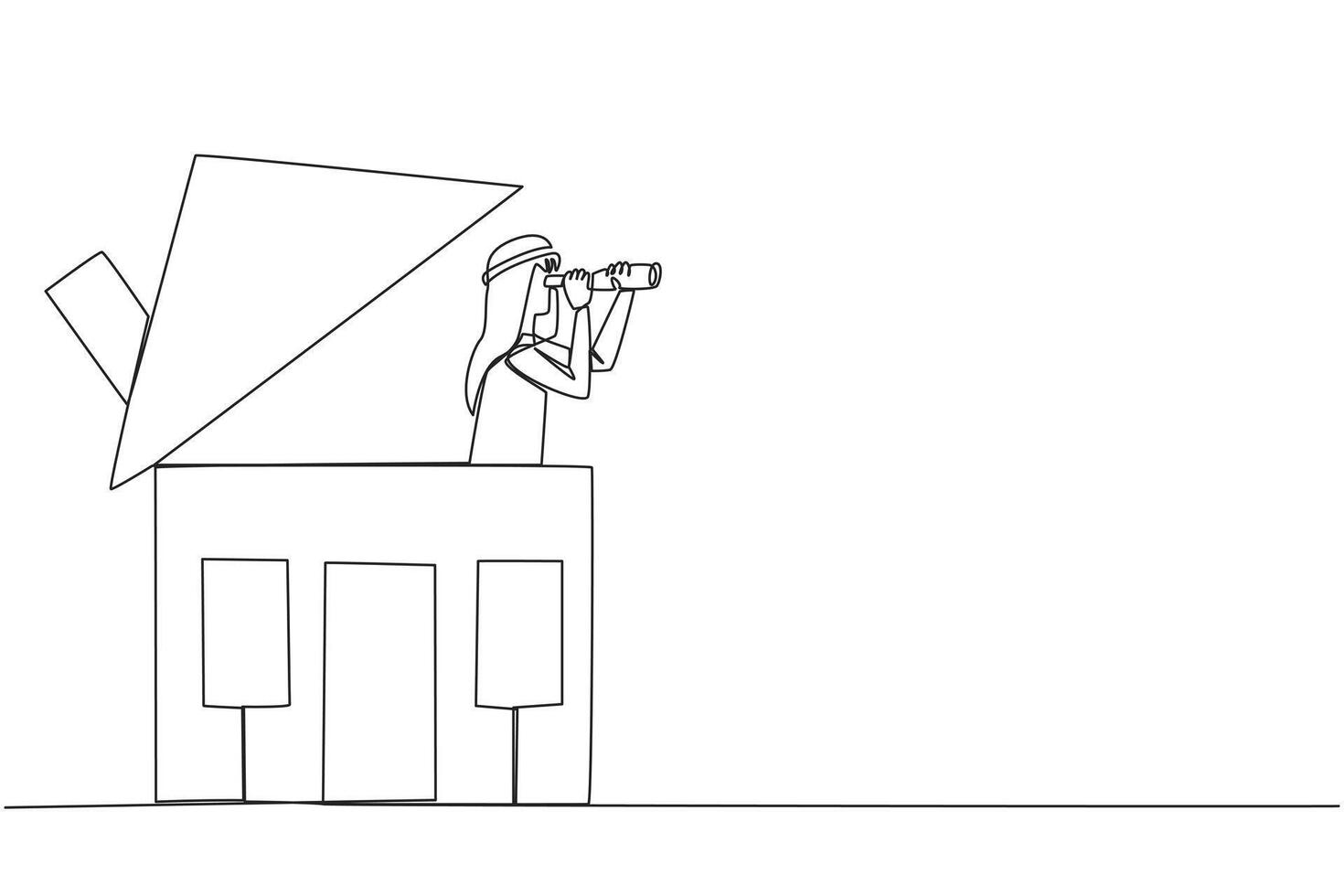 Continuous one line drawing Arabian businessman emerges from the miniature house looking for something through binoculars. A place to return home. Comfort. Single line draw design illustration vector