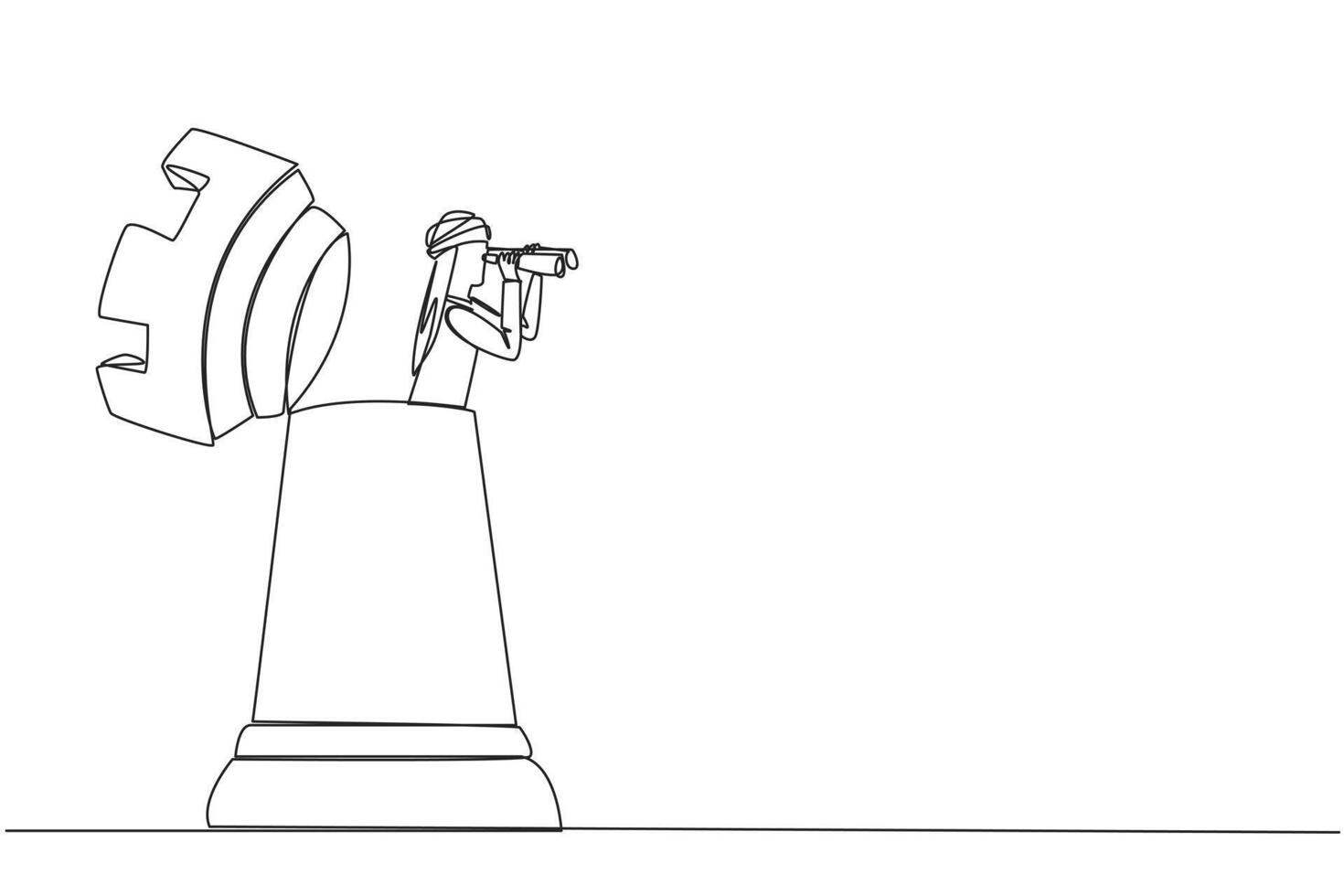Single continuous line drawing Arabian businessman appears out of the rook chess piece looking for something through binoculars. Pay attention to better strategy. One line design illustration vector