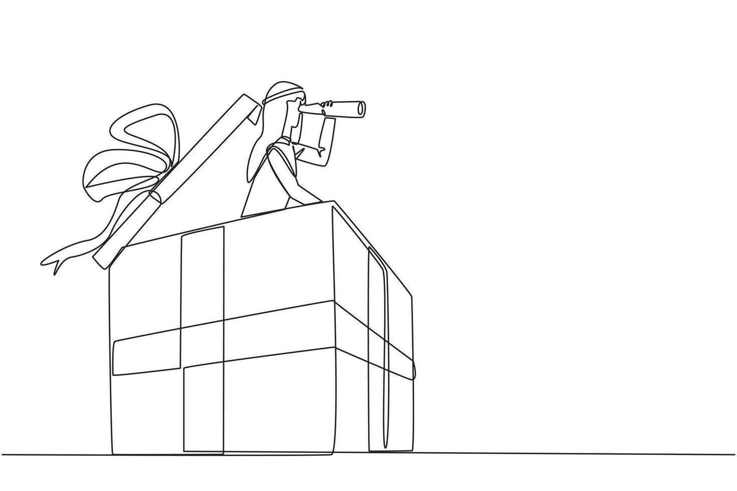 Continuous one line drawing Arabian businessman emerges from gift box looking for something through binoculars. Presenting rewards for team hard work. Single line draw design illustration vector