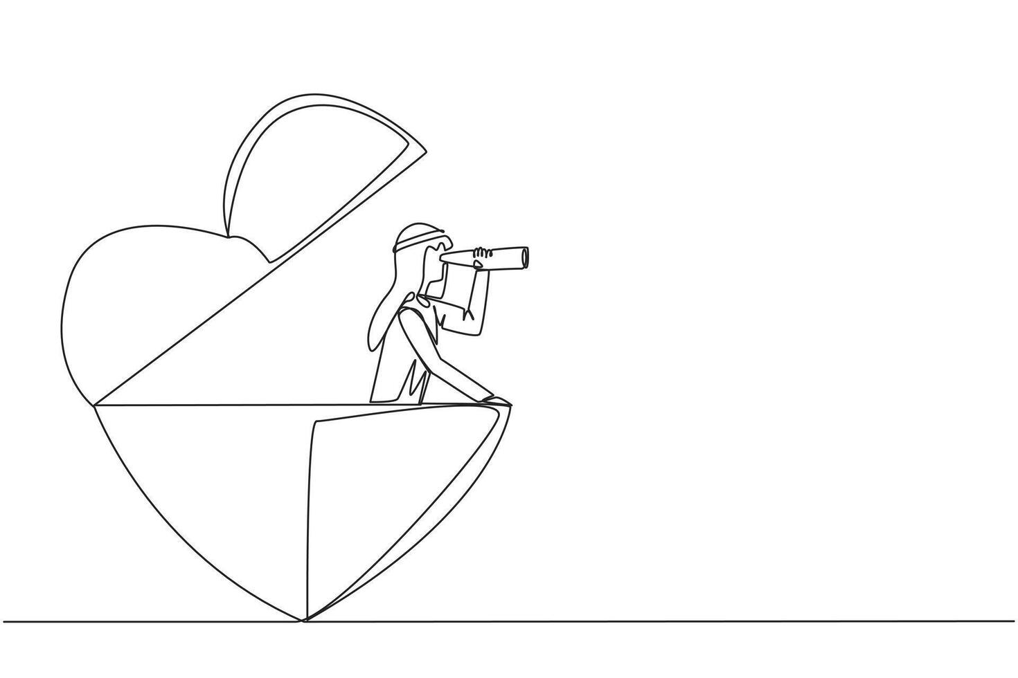 Continuous one line drawing Arabian businessman appears out of a heart shape looking for something through binoculars. Work life balance. Nobody get hurt. Single line draw design illustration vector
