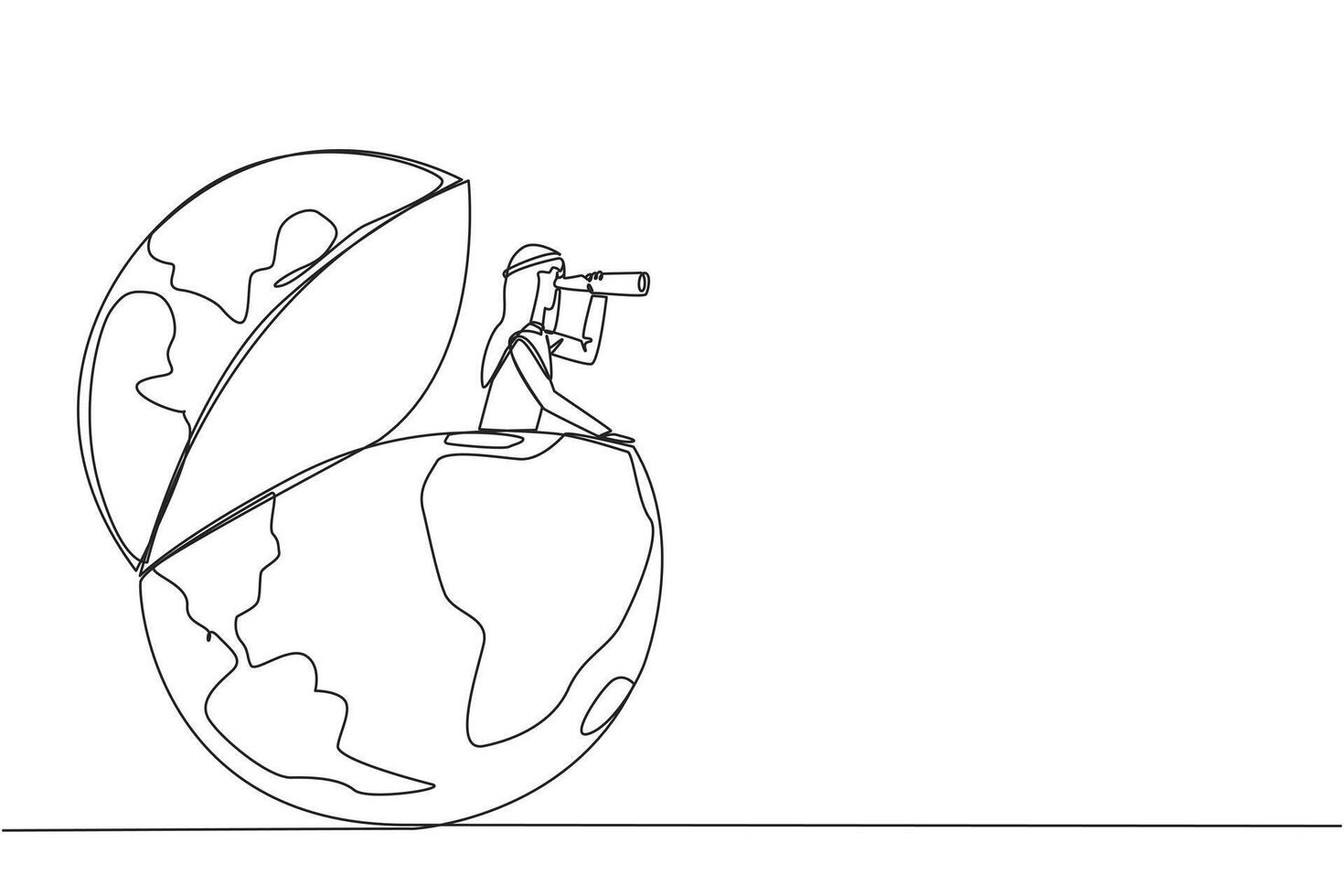 Single continuous line drawing Arab businessman pops out of globe looking for something through binoculars. Mapping strategic locations for new business promotions. One line design illustration vector