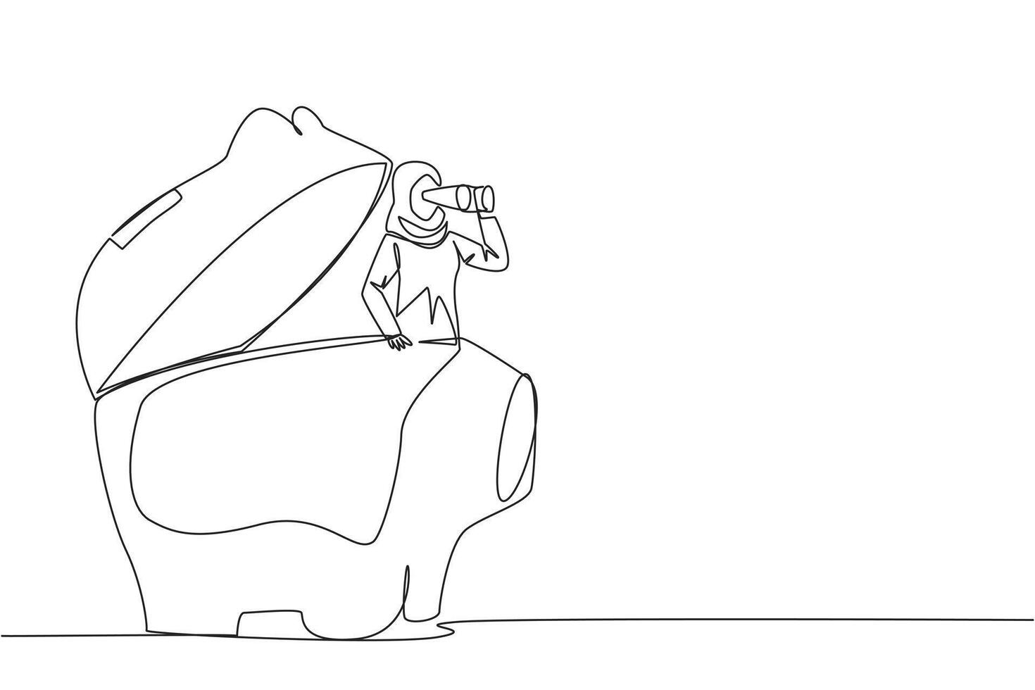Continuous one line drawing Arabian businesswoman pops out of piggy bank look for something with binoculars. Looking for reliable investment for retirement. Single line draw design illustration vector