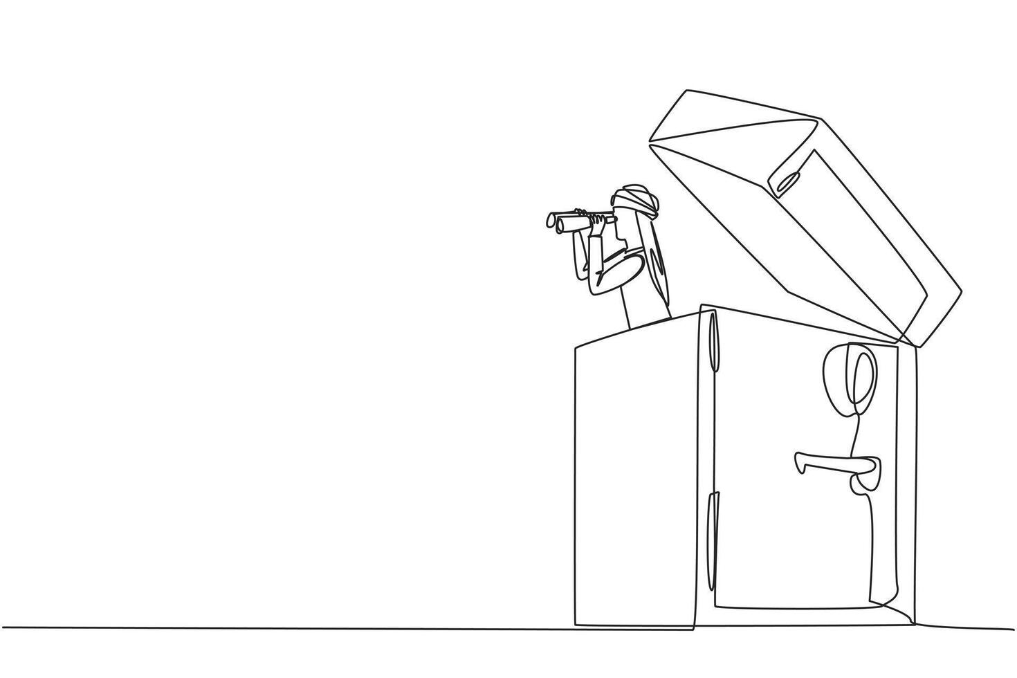 Single one line drawing Arabian businessman pops out of safe deposit box looking for something with binoculars. Get out to find a safer place than before. Continuous line design graphic illustration vector