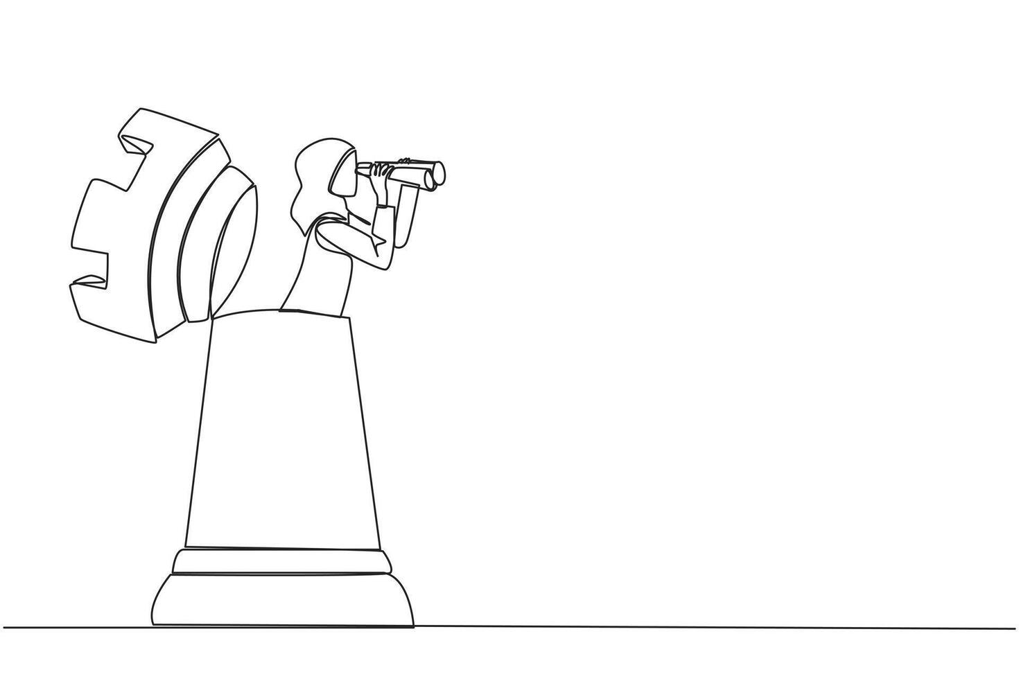 Single one line drawing Arabian businesswoman emerges from the rook chess piece looking for something through binoculars. Finalize business strategies. Continuous line design graphic illustration vector