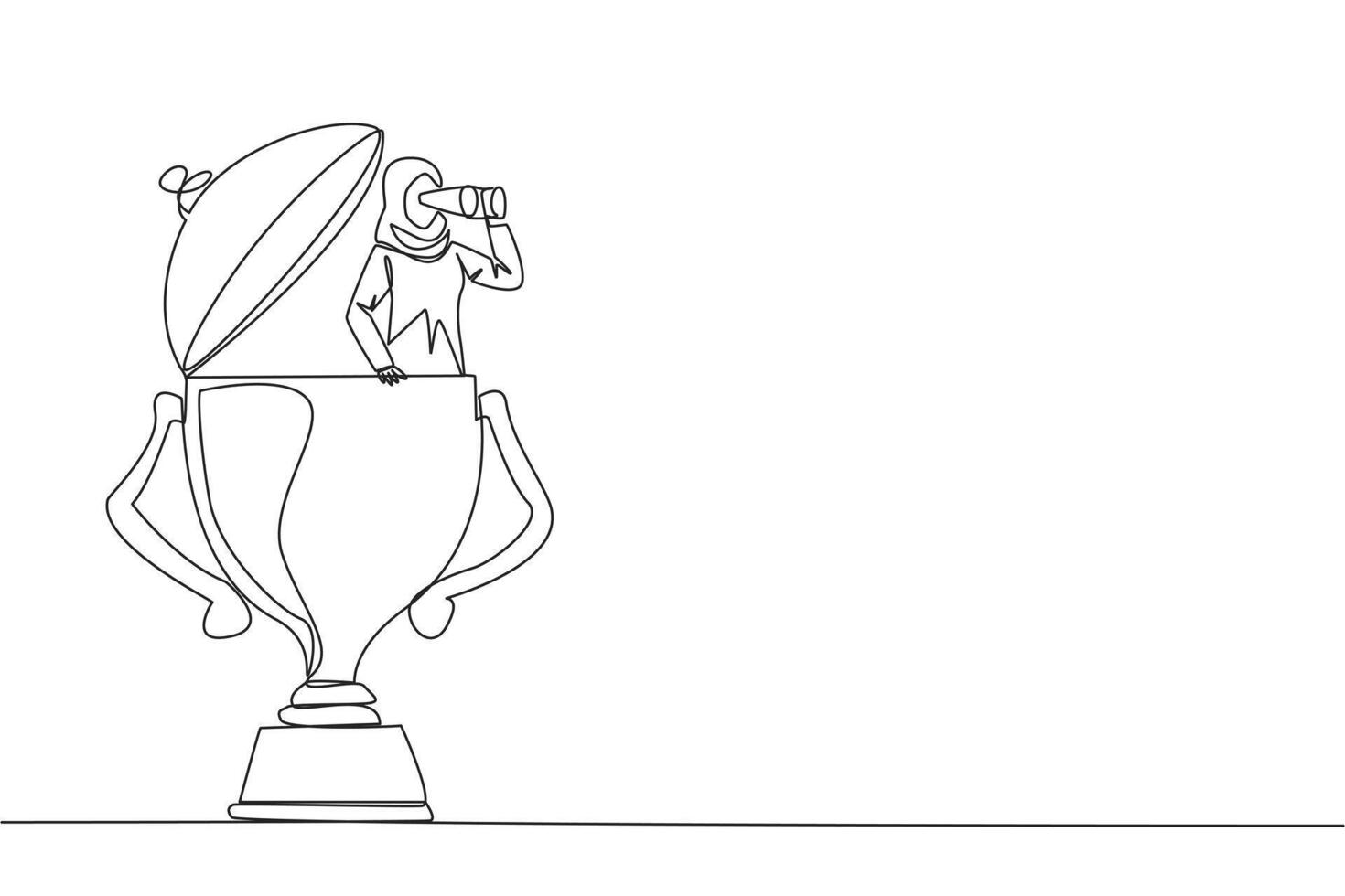 Single one line drawing Arab businesswoman emerges from trophy looking for something through binoculars. Get ready to win the many rewards that await. Continuous line design graphic illustration vector