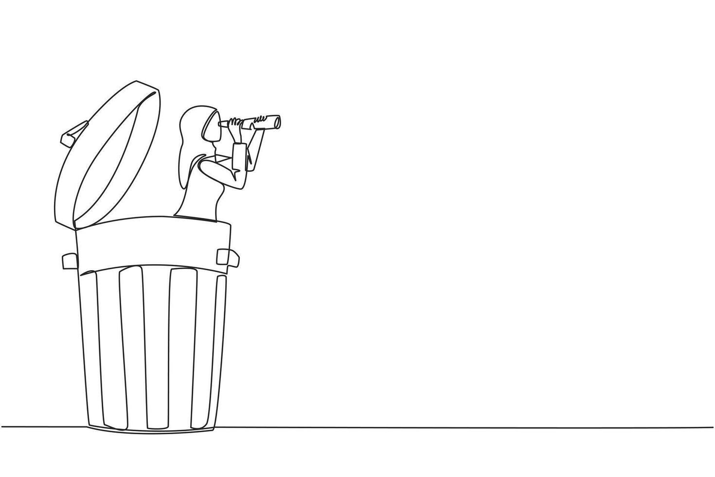 Single one line drawing Arab businesswoman emerges from trash bin look for something with binoculars. Protect environment from unfavorable business effects. Continuous line design graphic illustration vector