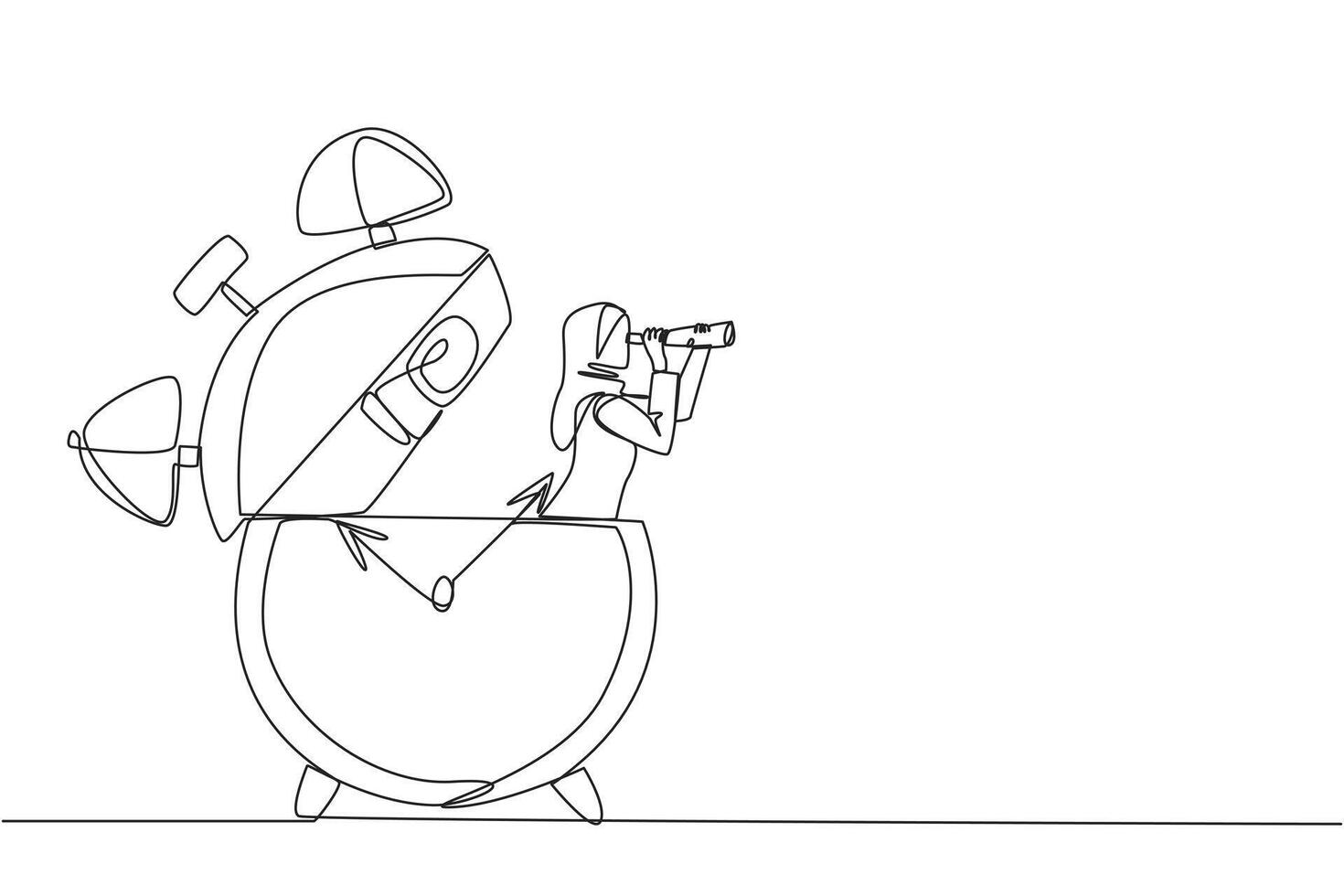 Single continuous line drawing Arab businesswoman emerges from alarm clock looking for something with binoculars. Prepare business files from now on. Don't delay. One line design illustration vector