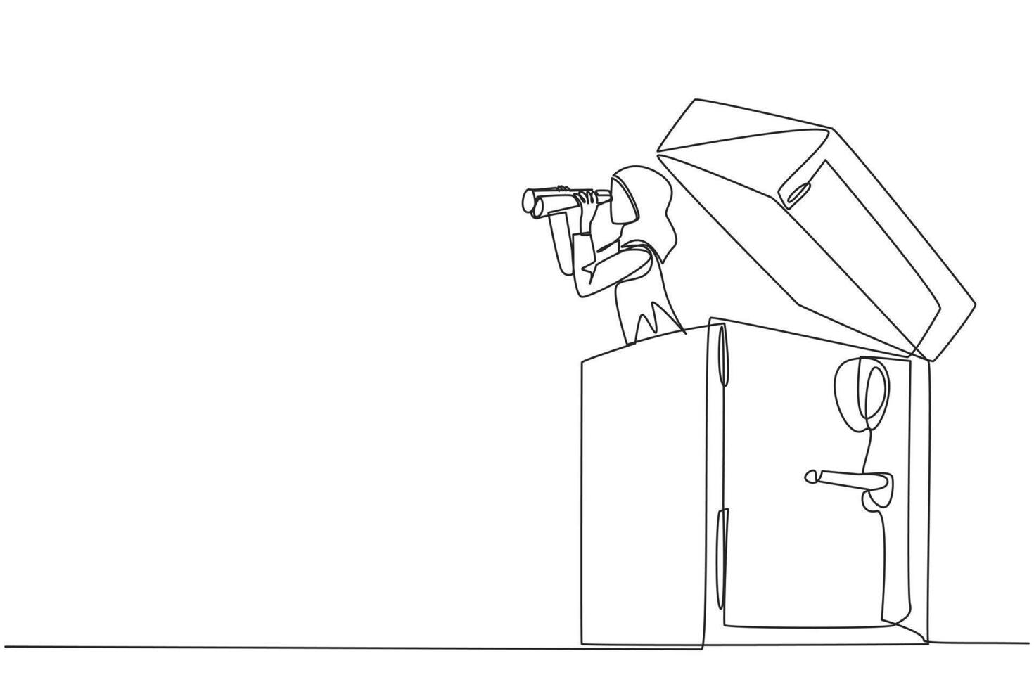 Single one line drawing Arab businesswoman emerges from safe deposit box looking for something with binoculars. Secure valuable objects in a trusted place. Continuous line design graphic illustration vector
