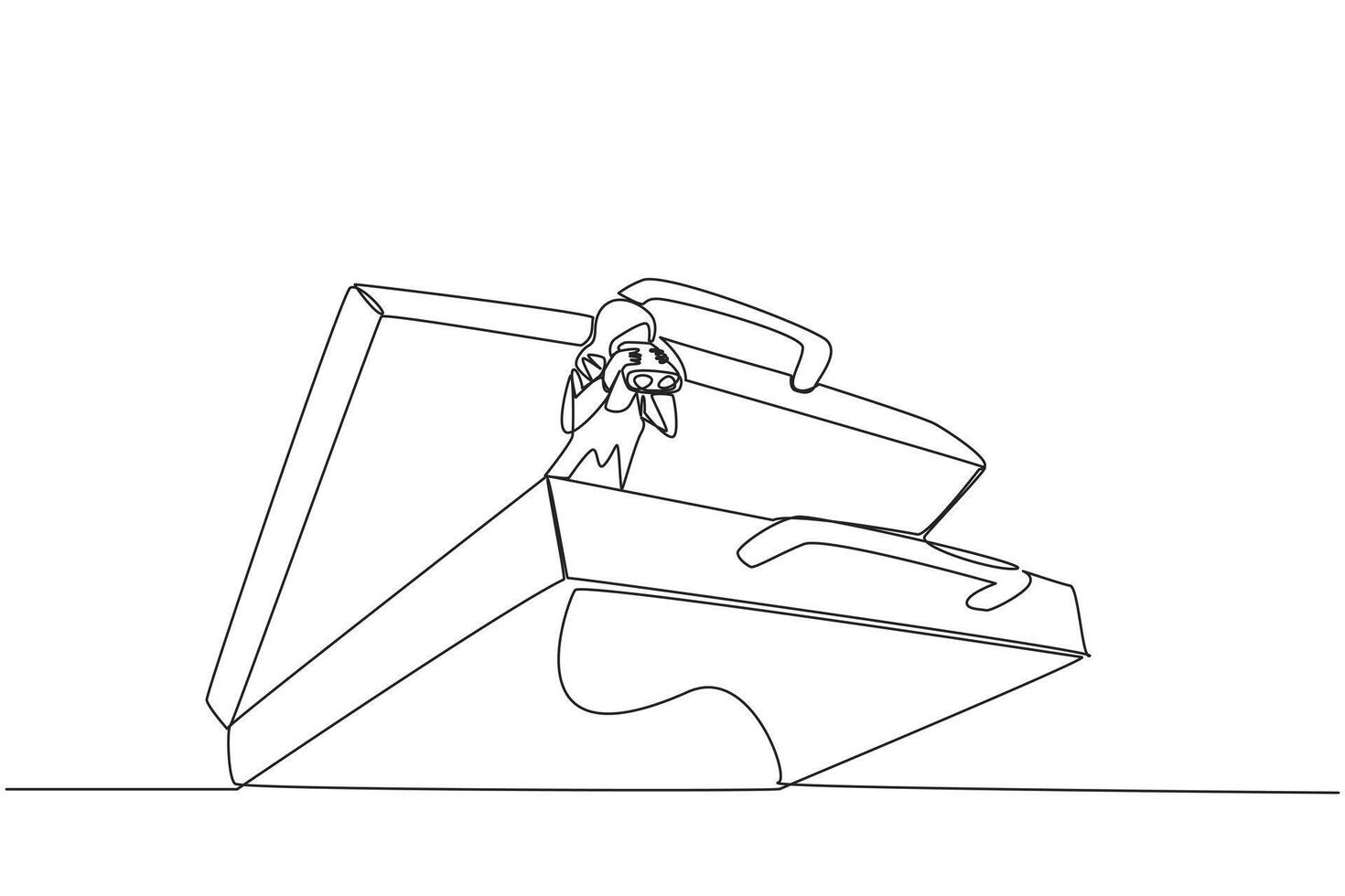 Single continuous line drawing Arab businesswoman emerges from briefcase look for something with binoculars. Preparing to move to a better business. Better place. One line design illustration vector