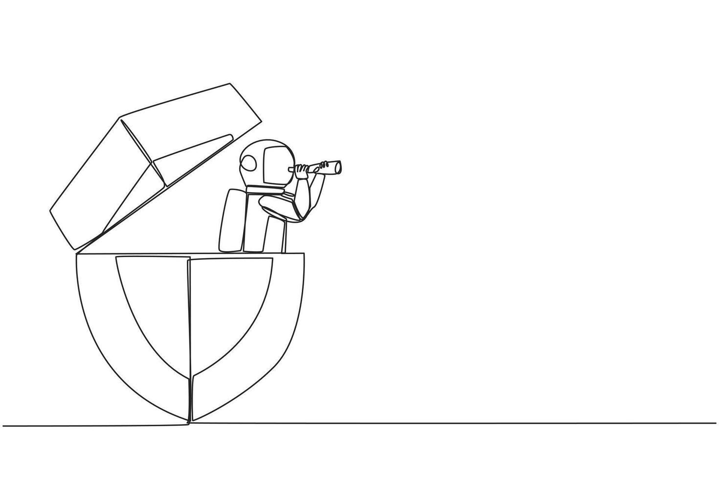 Single continuous line drawing the astronaut emerges from the shield looking for something with binoculars. Provides multiple layers for safe flights back to earth. One line design illustration vector