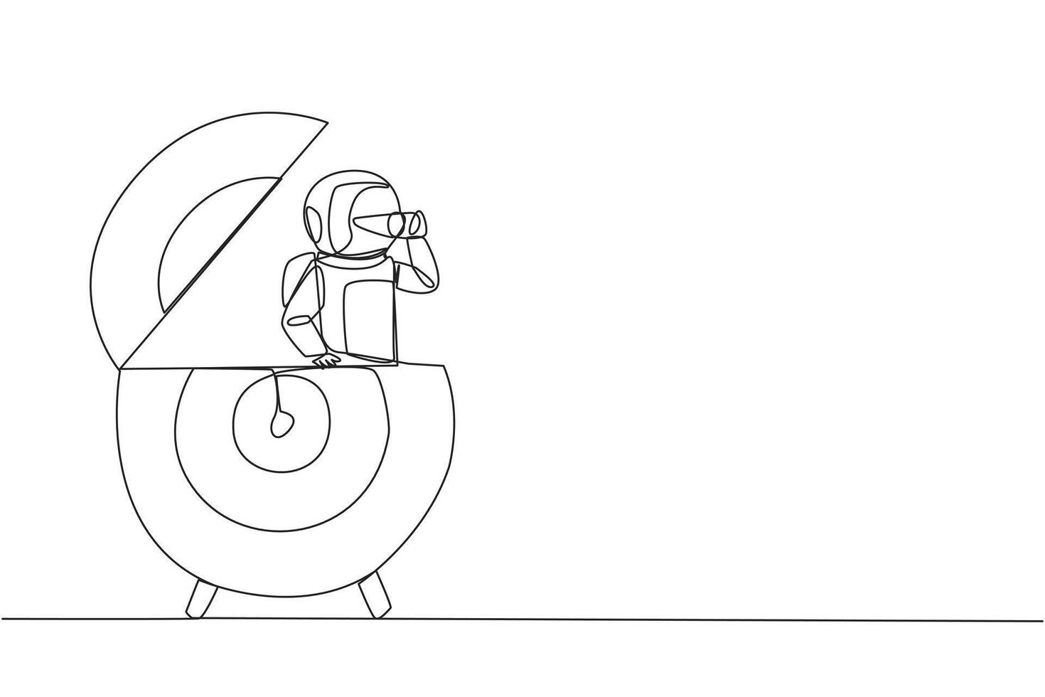 Continuous one line drawing astronaut emerges from arrow target board look for something with binocular. Invite to focus on observation to quickly return to earth. Single line draw illustration vector