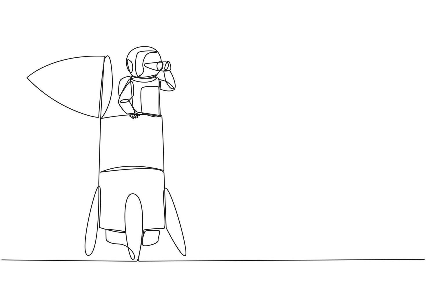 Single continuous line drawing astronaut emerges from the end of the rocket looking for something through binoculars. Check details before flying into the space. One line design illustration vector