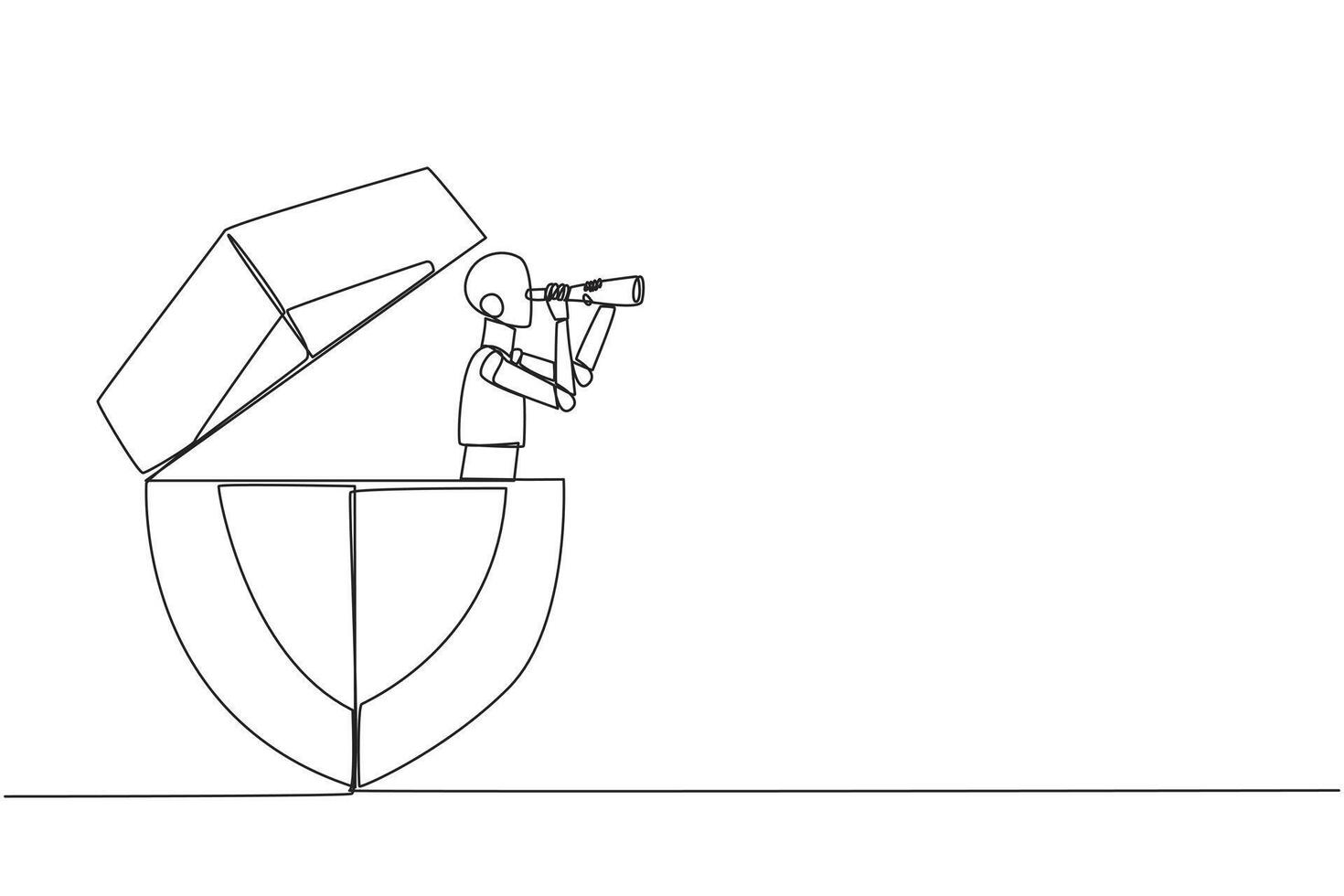 Single one line drawing a smart robot emerges from the shield looking for something through binoculars. Scan. Doing job. Securing web from hacker attacks. Continuous line design graphic illustration vector