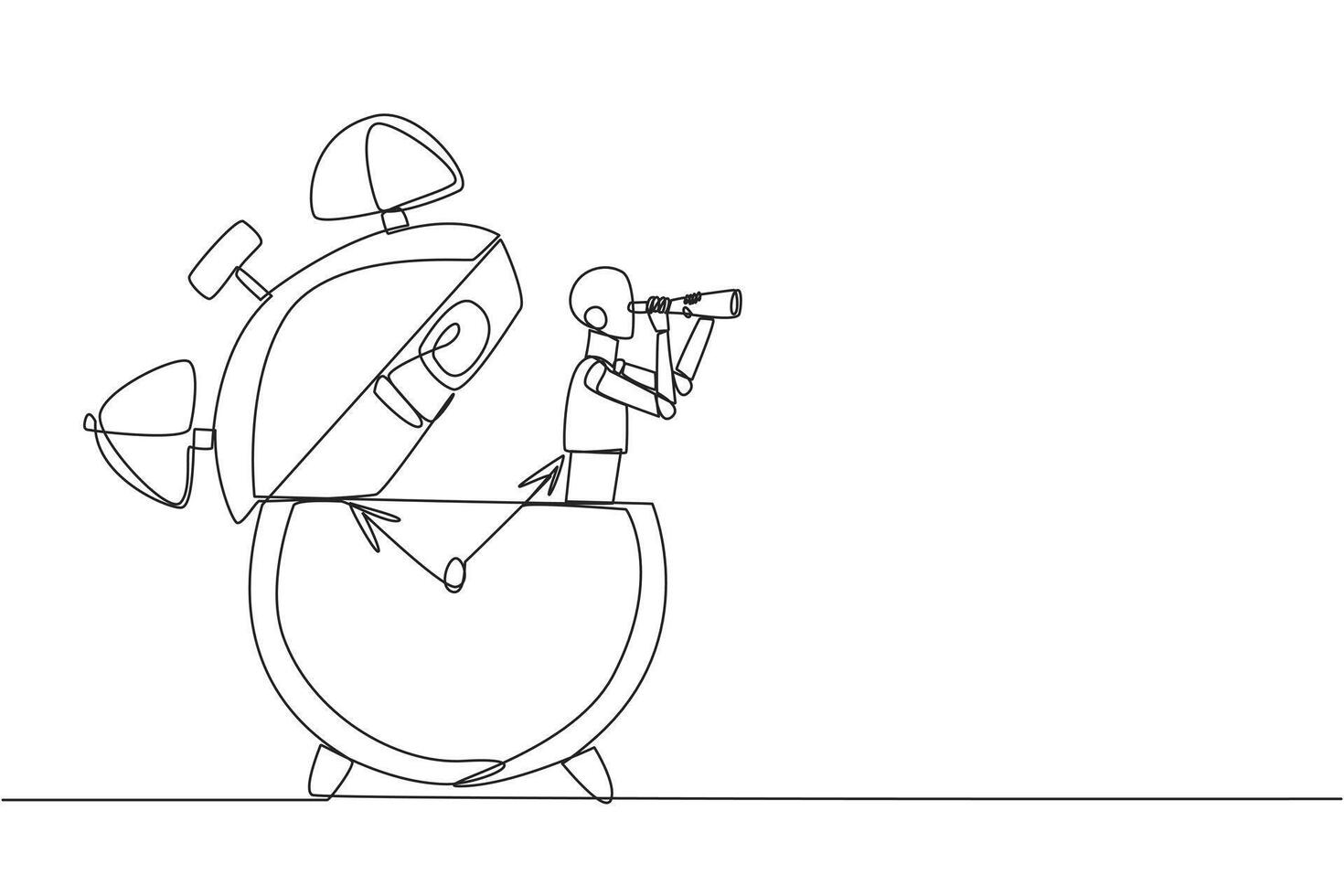 Single continuous line drawing smart robot appears from the alarm clock looking for something through binoculars. Alarm robot. Reminder robot. New technology clock. One line design illustration vector