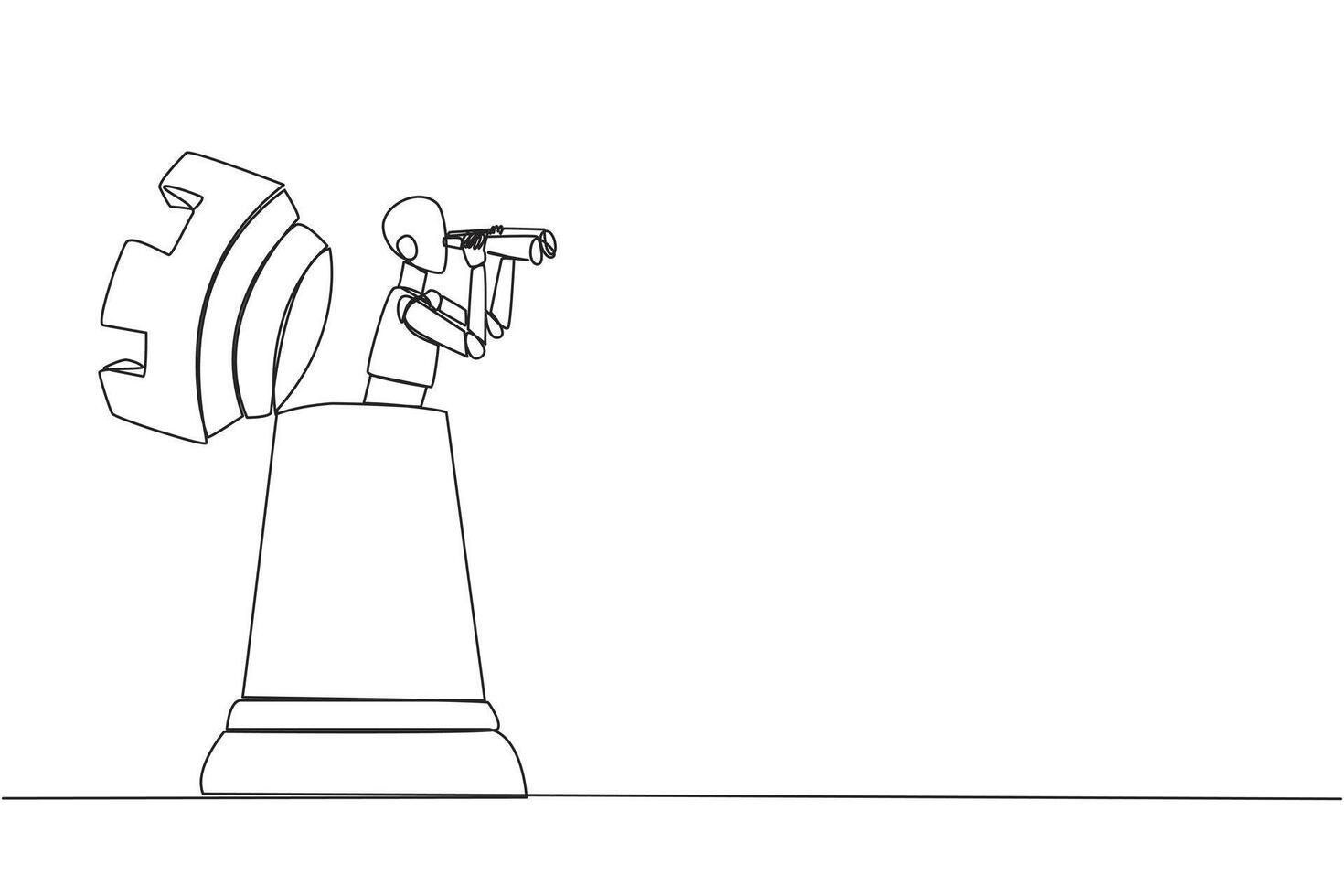 Continuous one line drawing a robot emerges from the rook chess pieces looking for something with binoculars. Scan. Analyzing strategy. Execute the mission. Single line draw design illustration vector