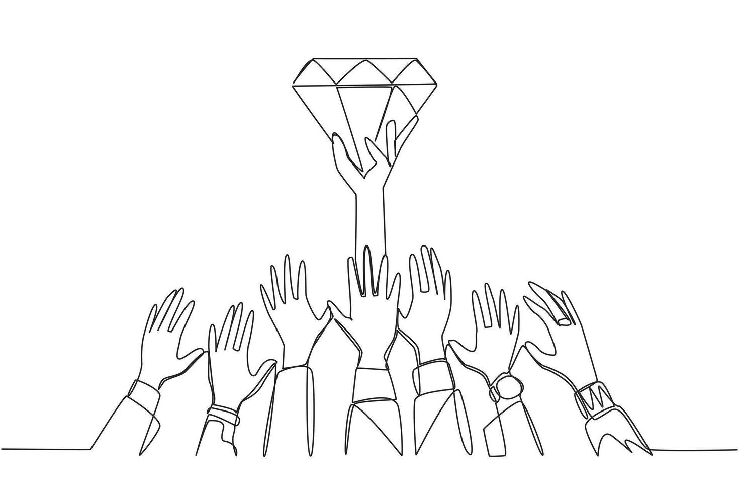 Continuous one line drawing hands fighting for diamonds. Fighting for luxury. Greedy hands want to control all the profits. Exhausting greed. Pseudo-fun. Single line draw design illustration vector