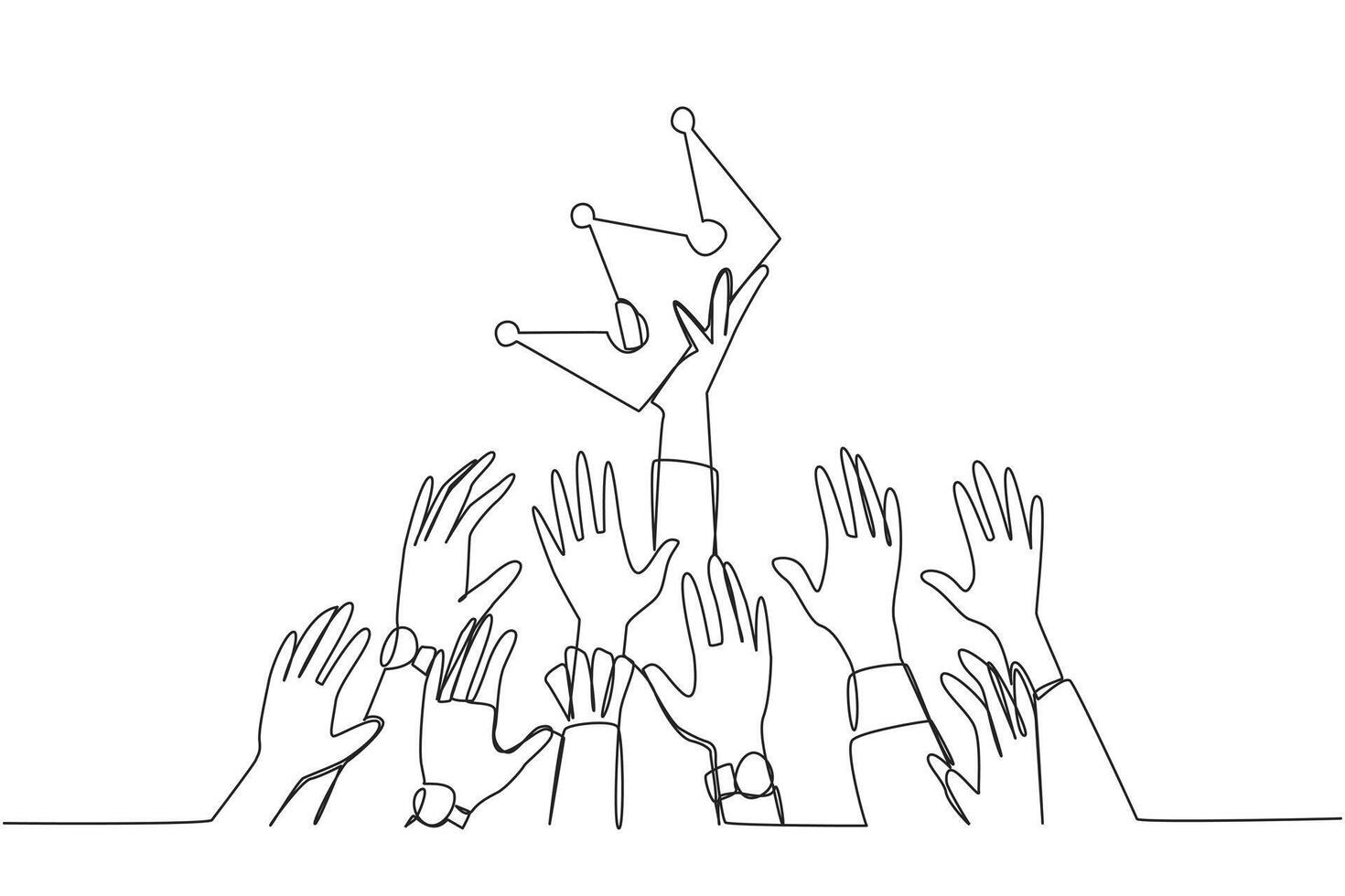 Single continuous line drawing hands fighting for the crown. Fighting for power with each other. Utilizing position inappropriately. Negative impact. Improperly. One line design illustration vector