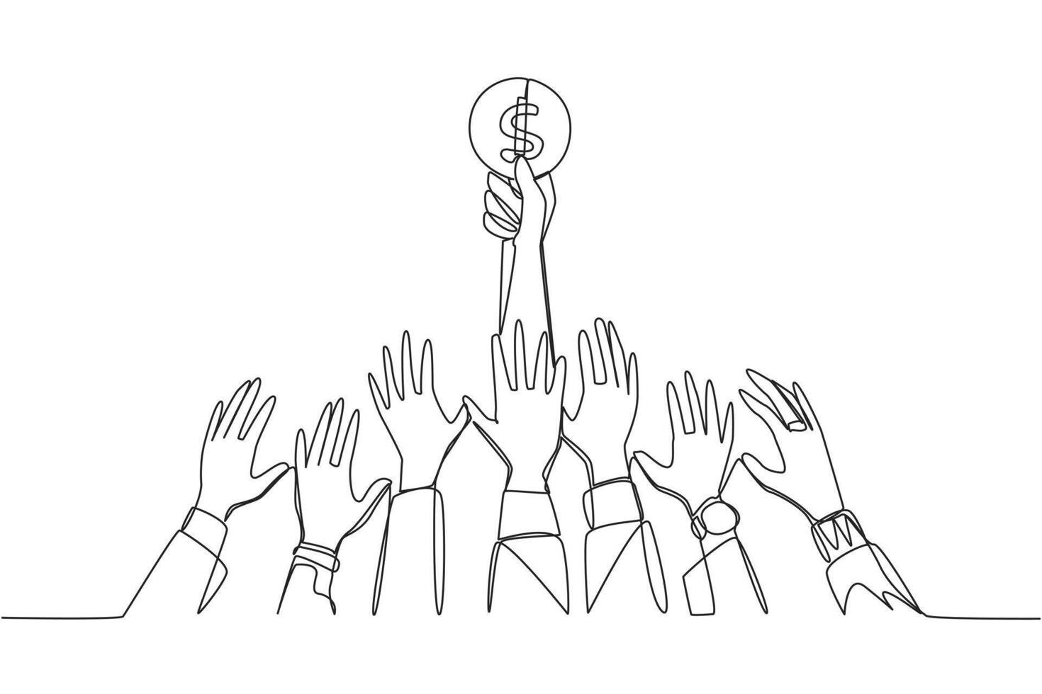 Single one line drawing hands fighting over coins with dollar symbols. Fight for small investments that are easy to hold into for old age when retirement. Continuous line design graphic illustration vector