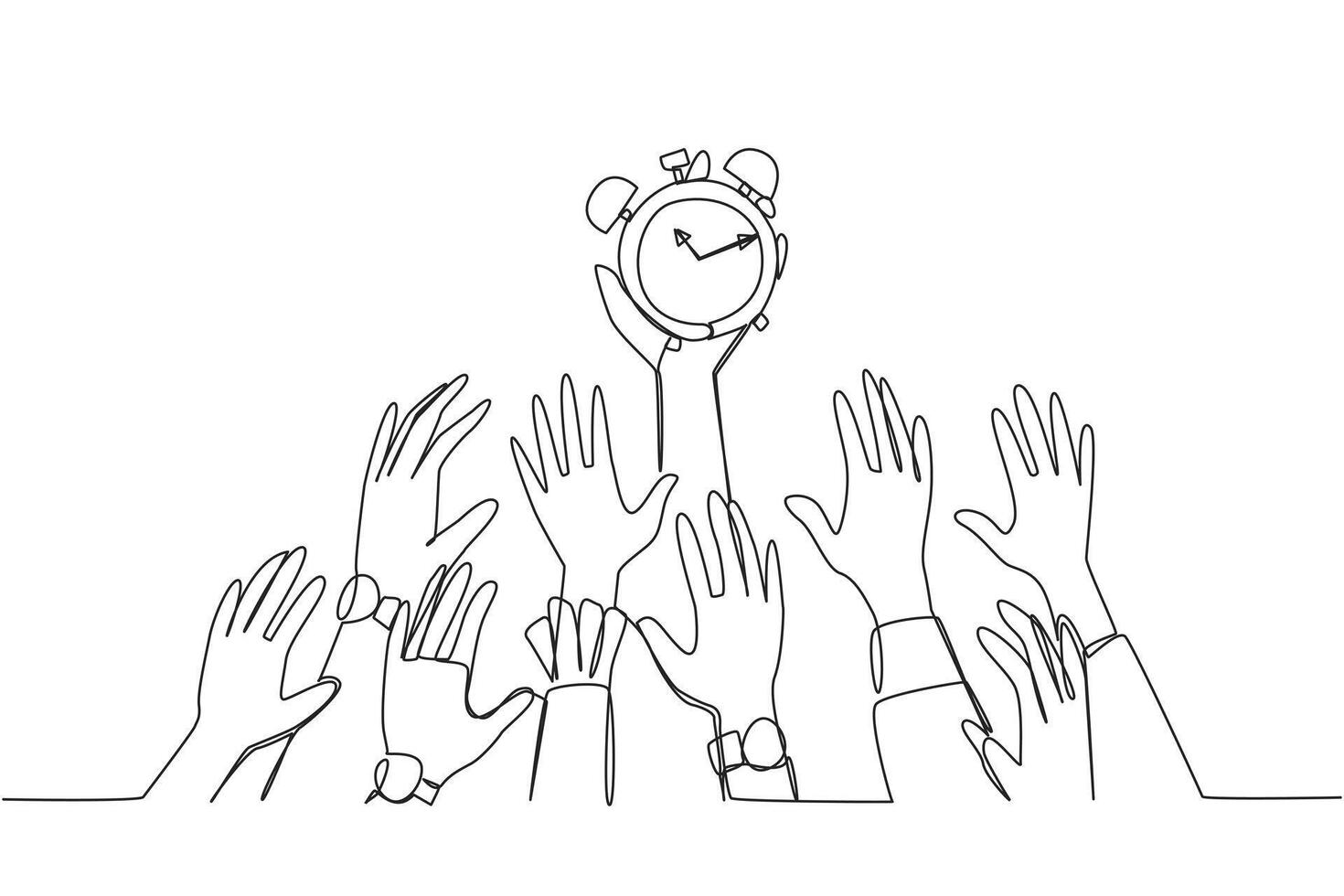 Single continuous line drawing hands fighting over alarm clock. Able to carry out big responsibilities well. Complete obligations before the deadline. Responsible. One line design illustration vector