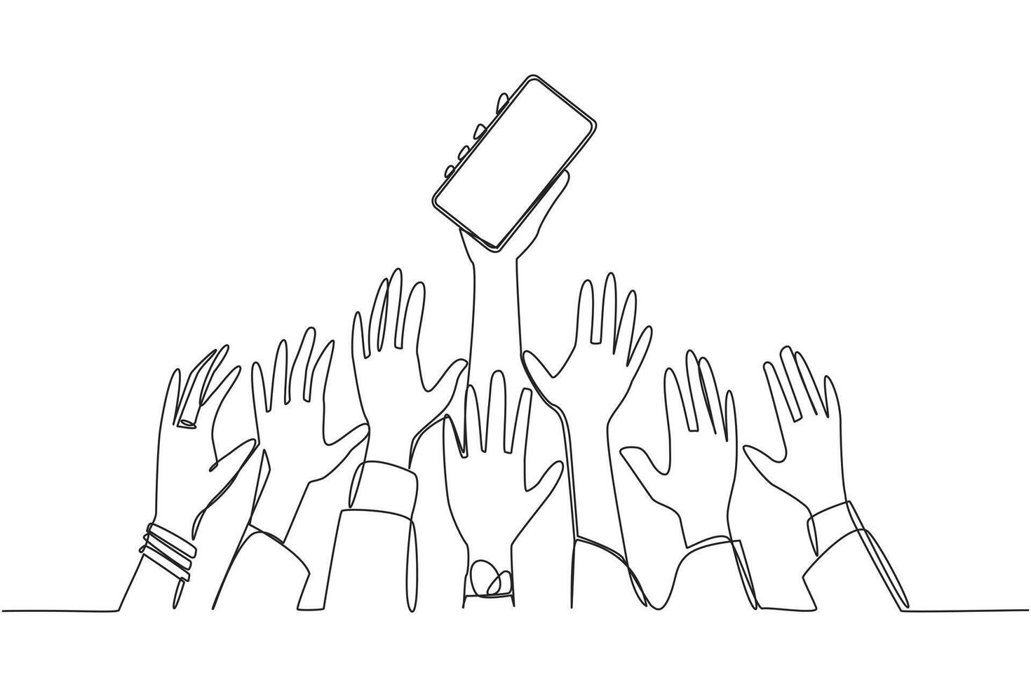 Single continuous line drawing hands fighting for handphone. The latest technology has been released. Only lucky ones will get it. Success requires luck. Hi tech. One line design illustration vector