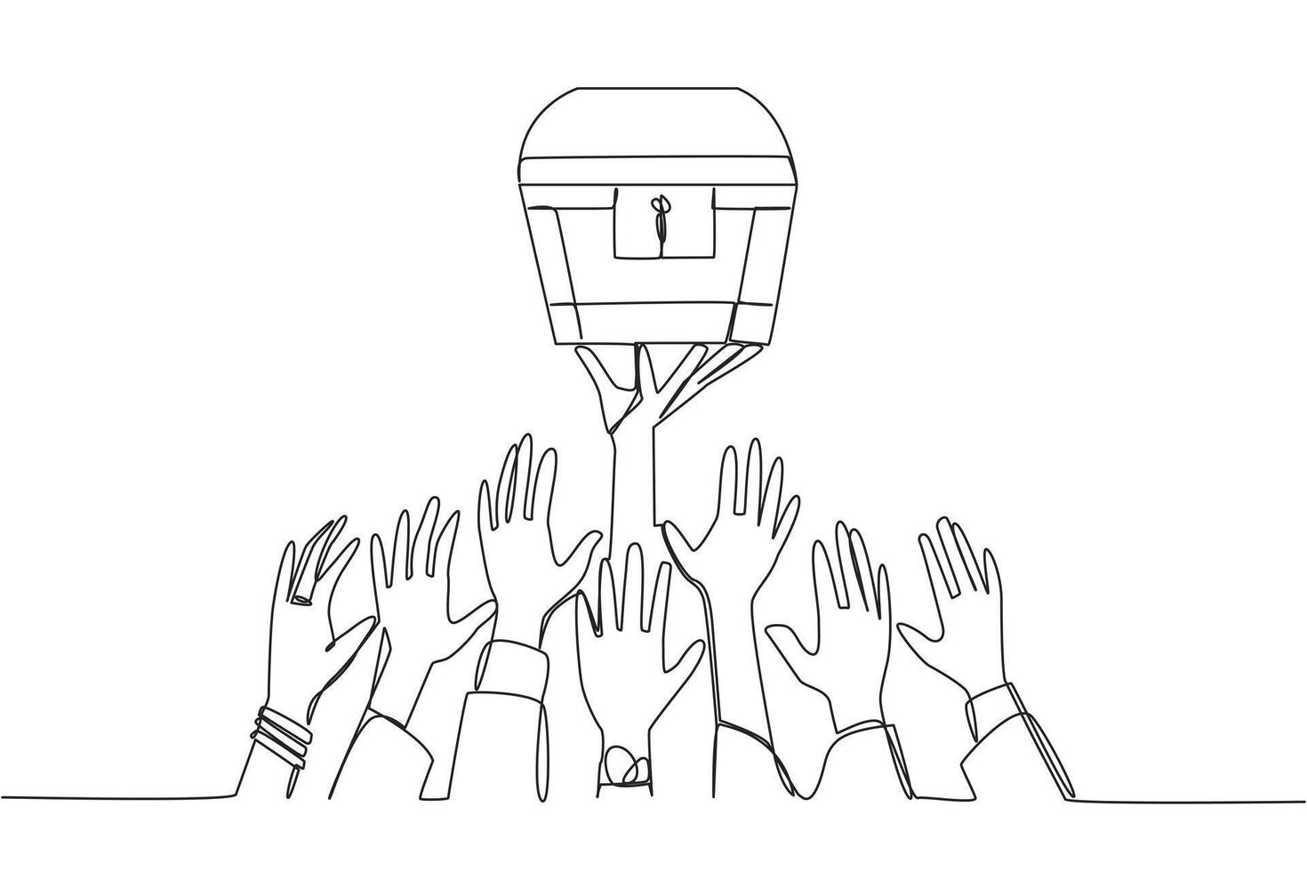 Continuous one line drawing hands fighting over the treasure chest. Big profits are in grasp. Struggle for profits by employees. Profits requires luck. Single line draw design illustration vector