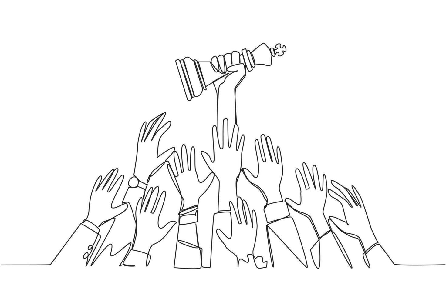 Single continuous line drawing hands fighting over the king's chess piece. The metaphor of approaching a king or ruler. Getting profits makes business easier. One line design illustration vector