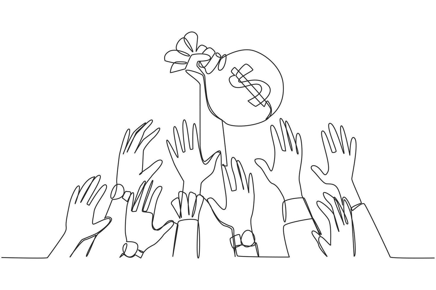 Single one line drawing hands fighting over the money bag. Hands full of ambition want to make big profits. Fighting for money. Justifies any means. Wealth. Continuous line design graphic illustration vector