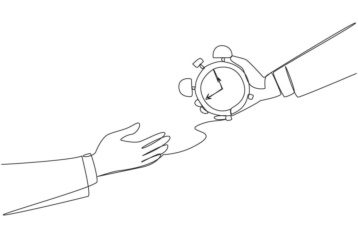 Single one line drawing hand gives alarm clock to colleague. Submit difficult assignments so as not to miss deadline. Share tasks to keep business running. Continuous line design graphic illustration vector