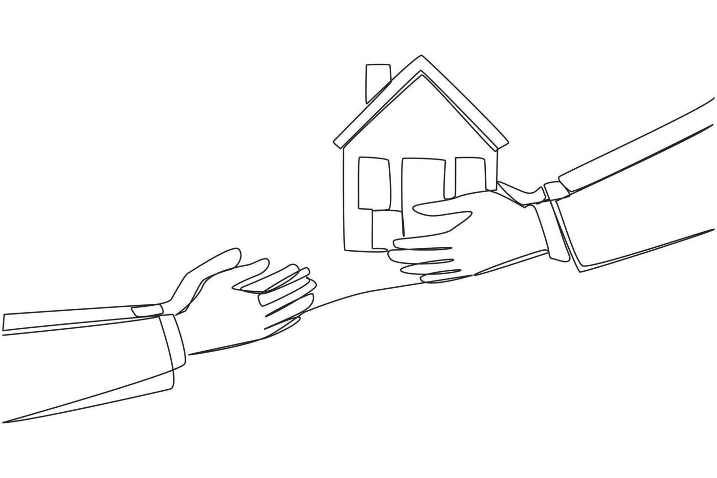 Single one line drawing hand gives miniature house. Make home as a business collateral. Step that is difficult to accept with common sense. Responsible. Continuous line design graphic illustration vector