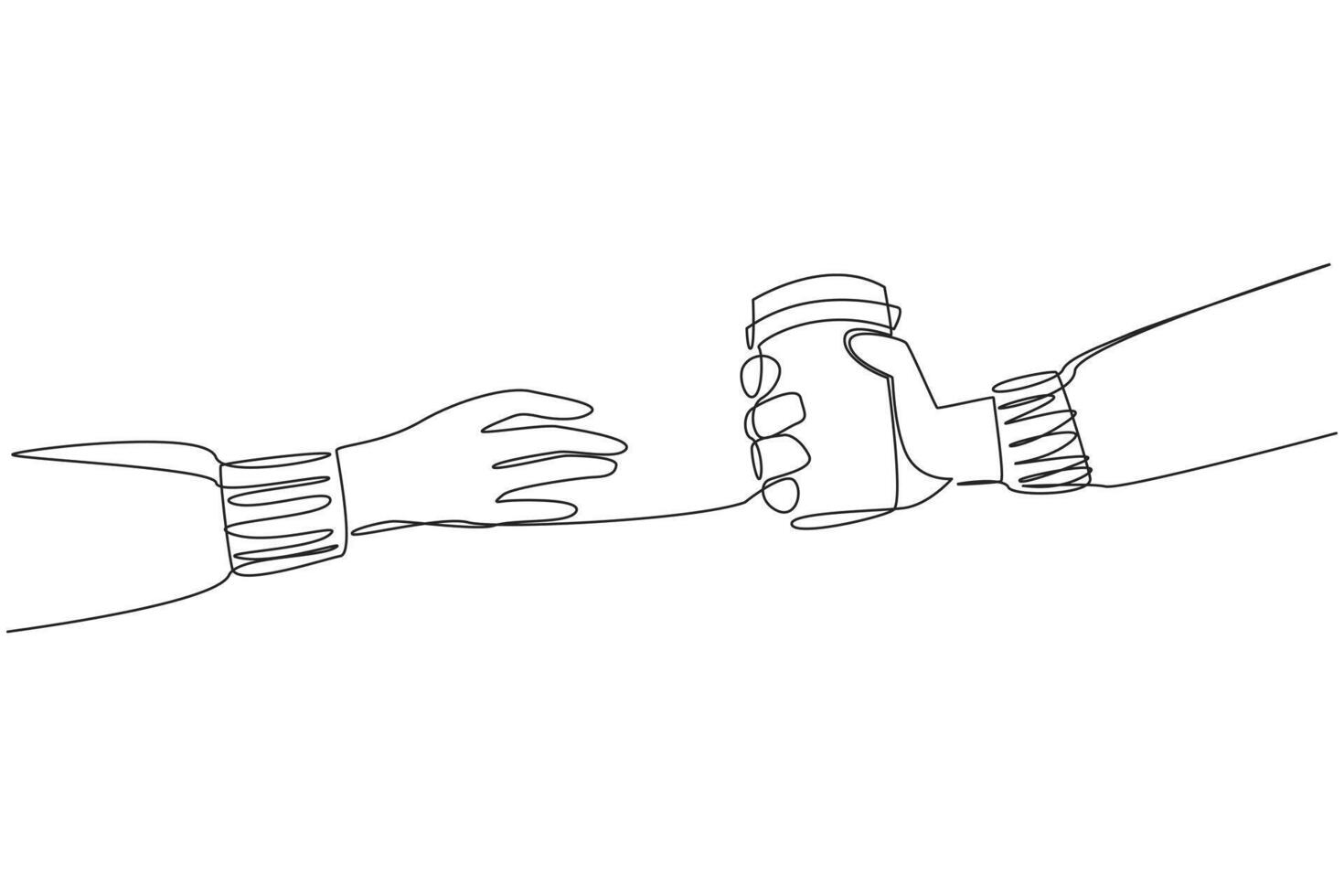 Continuous one line drawing a hand gives a paper cup. Buying a cup of warm coffee will increase the concentration. Drinking warm tea can relax the body. Single line draw design illustration vector