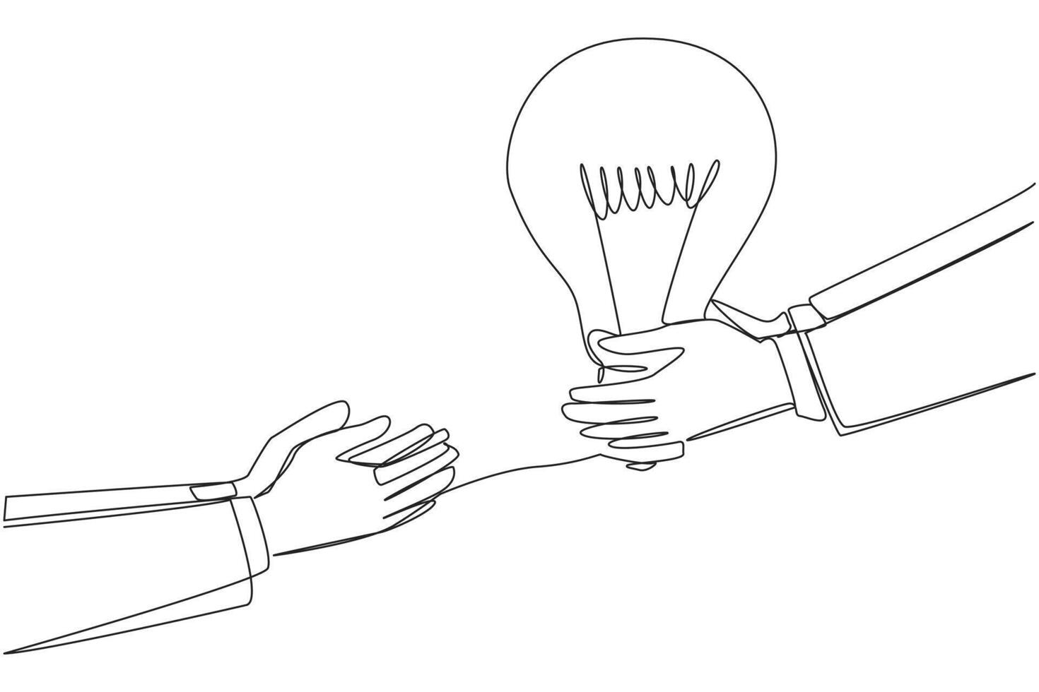 Continuous one line drawing hand giving lightbulb to colleague. Providing best advice for the good and progress of business. Great partner. Brainstorming. Single line draw design illustration vector