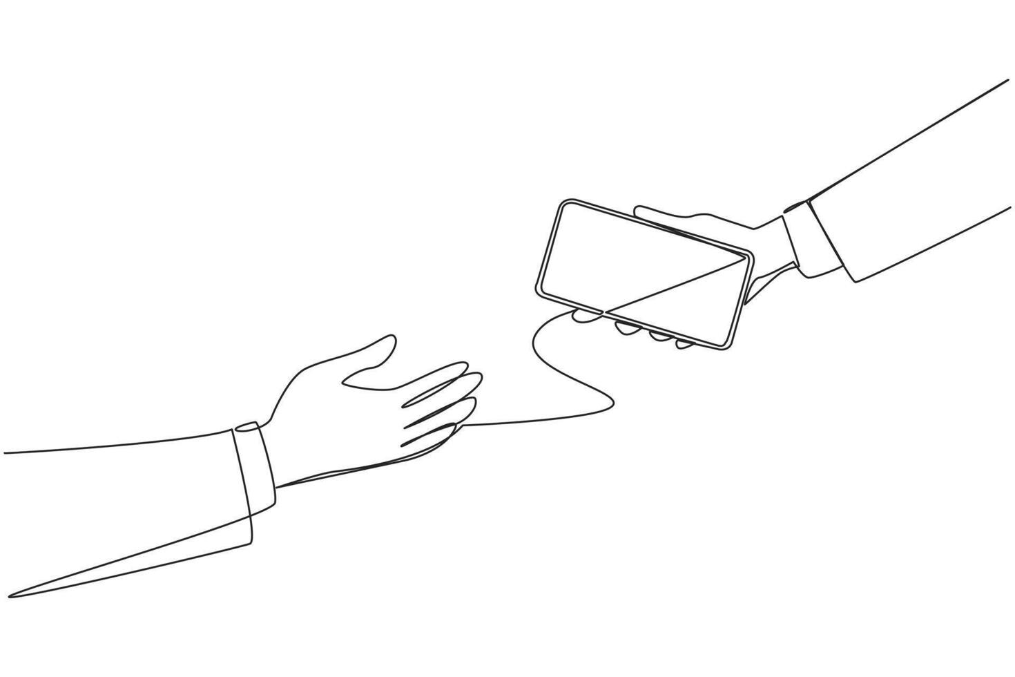 Continuous one line drawing a businesswoman's hand gives a handphone to colleague. Exchange telephone numbers. Establish relationships with new relations. Single line draw design illustration vector