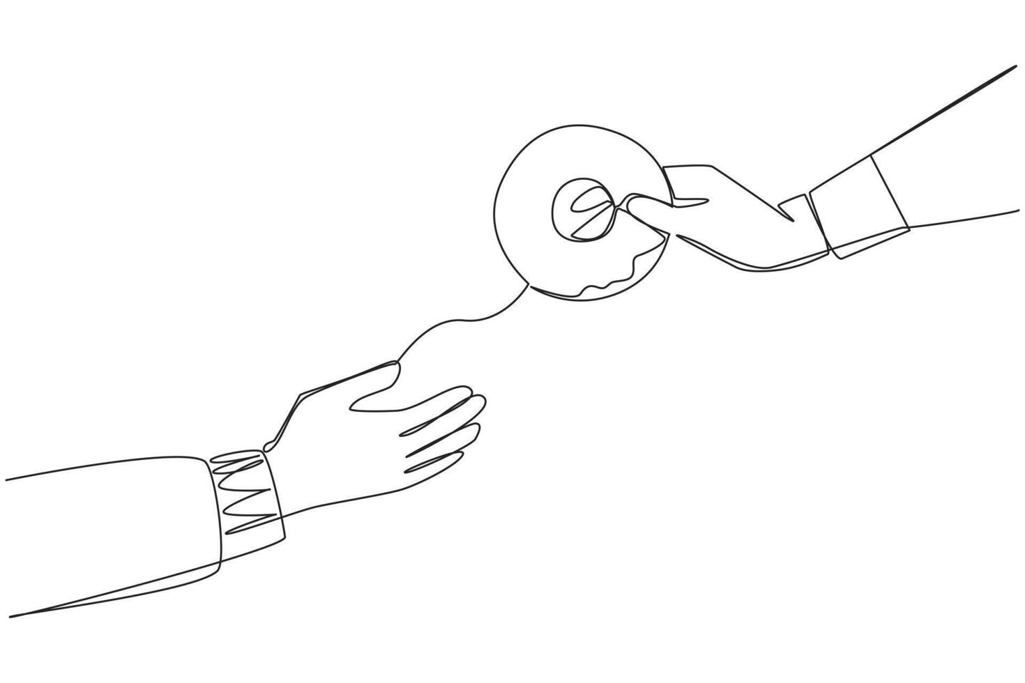 Single one line drawing hand giving donut. Provides soft donut snacks. Want to enjoy light and sweet food together. Share moments of togetherness. Enjoy. Continuous line design graphic illustration vector