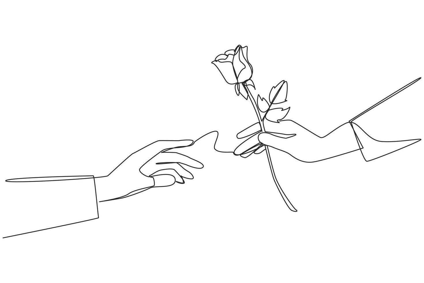 Single continuous line drawing a man's hand gives a rose to a woman. Trying to do the slightest romantic thing. Doing seduction. Romantic couple. Relationship. One line design illustration vector