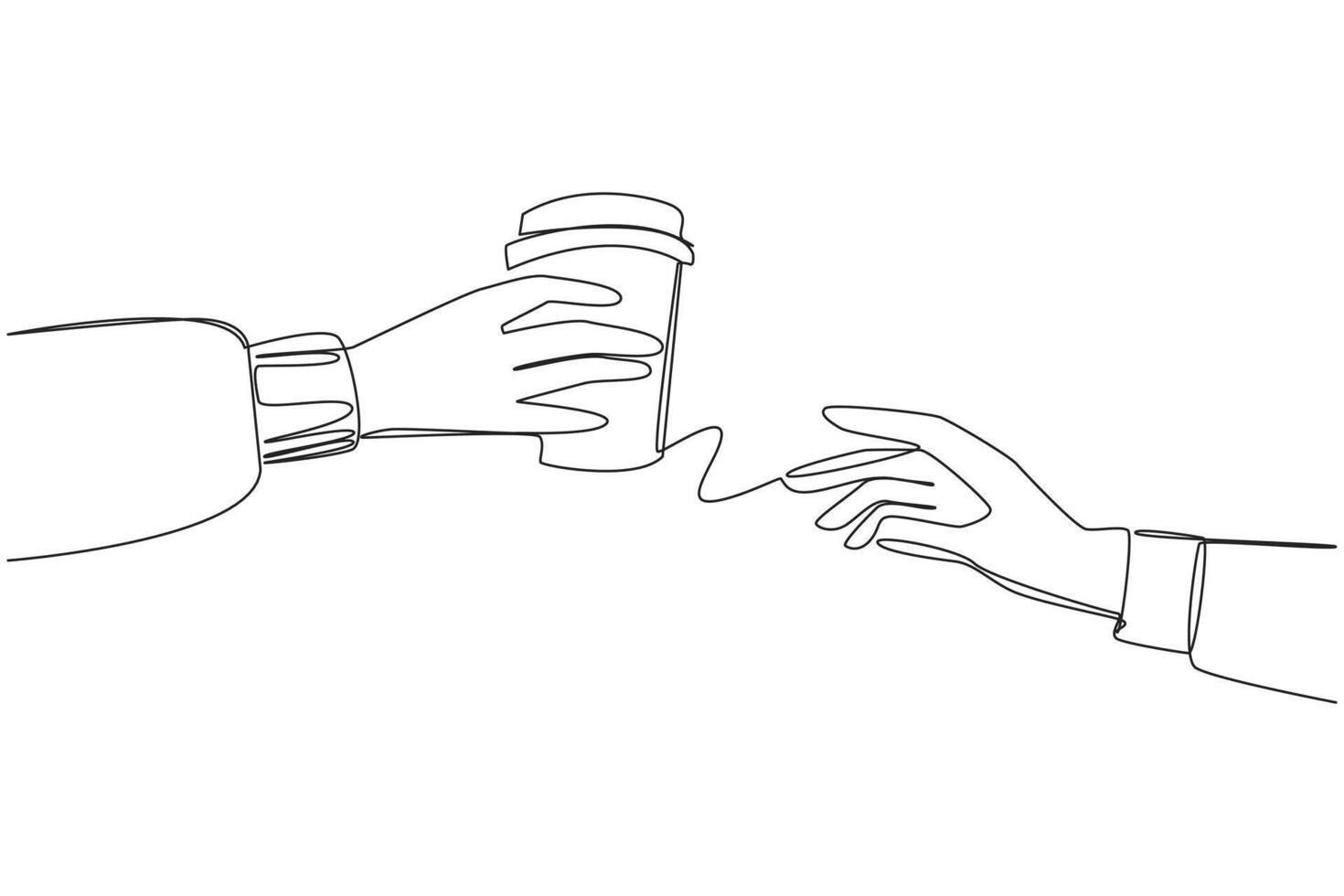 Single continuous line drawing hand giving paper cup. Usually contains warm tea or coffee. Share moments of warmth. Enjoy relaxing time together. Togetherness. One line design illustration vector