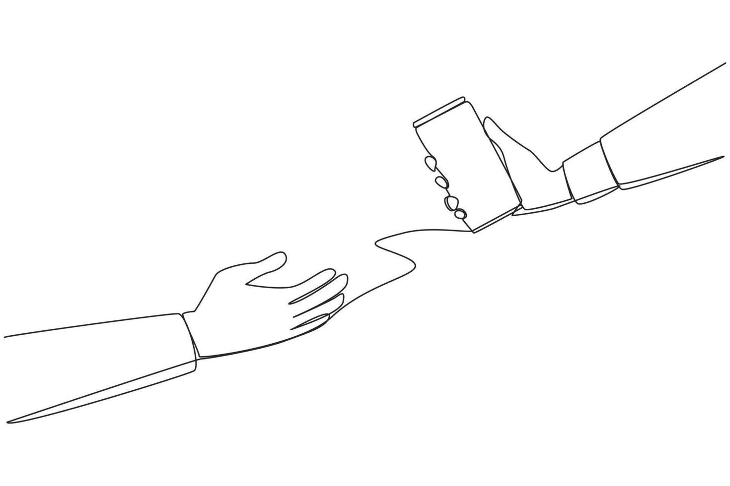 Single continuous line drawing hand giving canned drink. Soft drinks. Cold drink after exercise. Drinks high in sugar content. Not good to consume all the time. One line design illustration vector