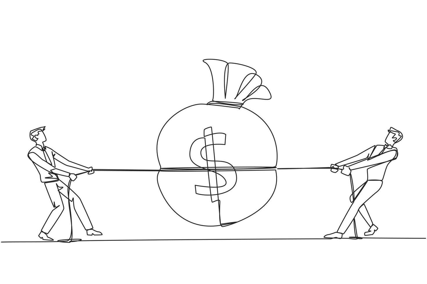 Single one line drawing two businessmen fighting over a money bag. Competition for big money. Greed of entrepreneurs. Break the rules for profit. Unethical. Continuous line design graphic illustration vector