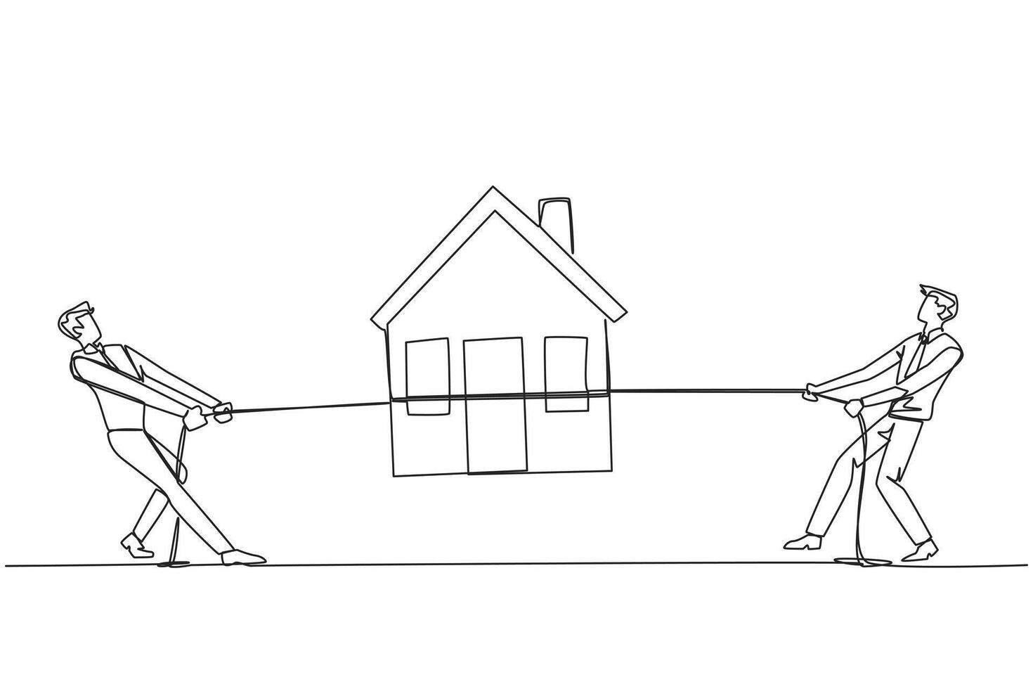 Continuous one line drawing two businessmen fight over a miniature house. Compete to get a decent official residence. House close to business location. Single line draw design illustration vector