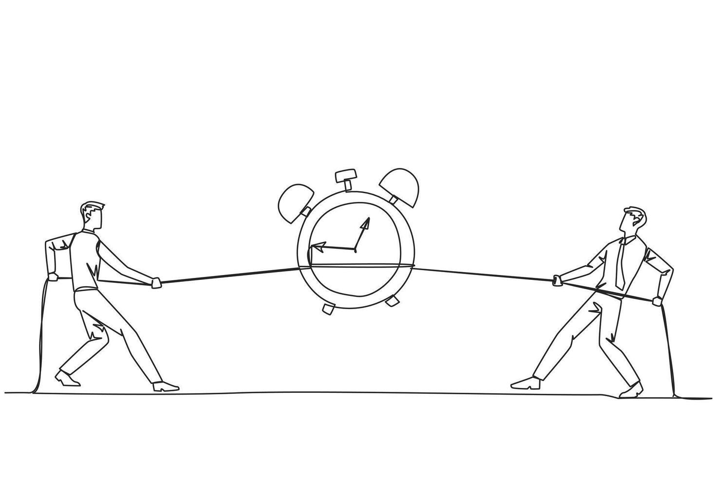 Continuous one line drawing two businessmen fighting over an alarm clock. Compete to get extra time to complete business deadlines. Daily business report. Single line draw design illustration vector