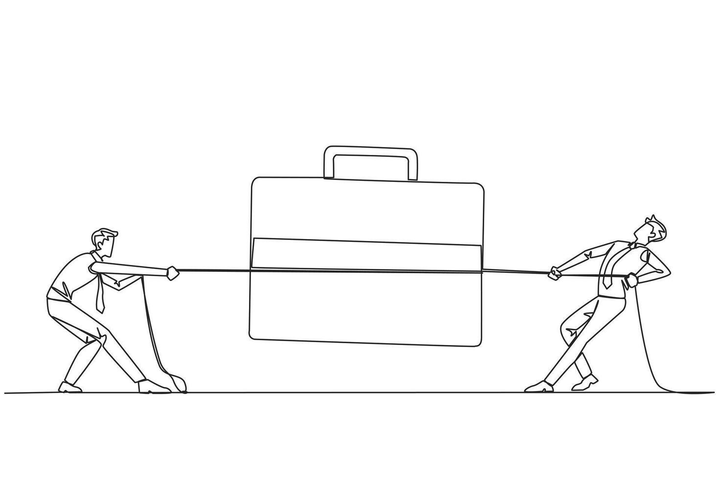 Single continuous line drawing two businessmen fighting over briefcase. Competing to gain trust to expand the business overseas. Compete healthily. Looking profit. One line design illustration vector