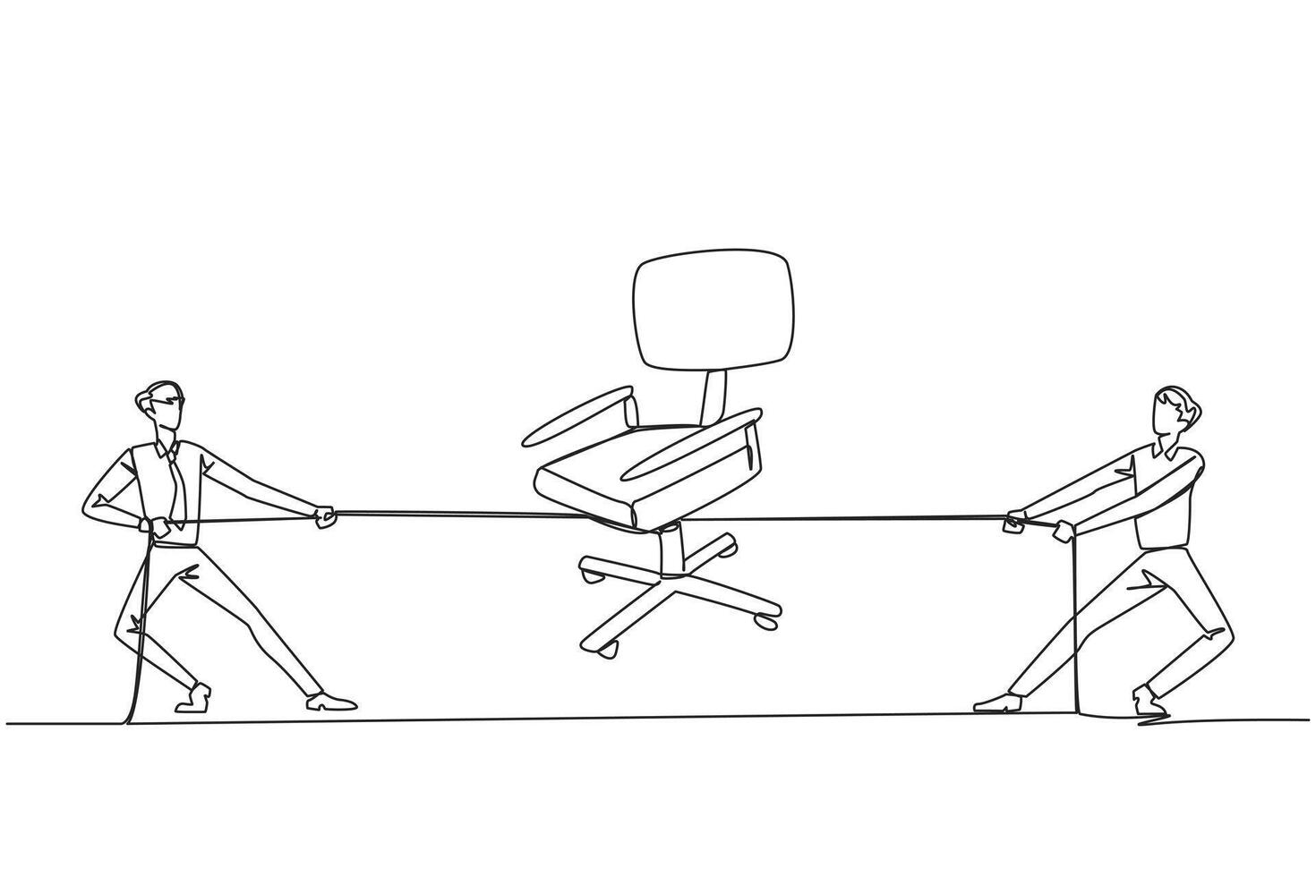 Single continuous line drawing two businessmen fighting over an office chair. Competition for worthy positions in the company. Everything is done to achieve it. One line design illustration vector