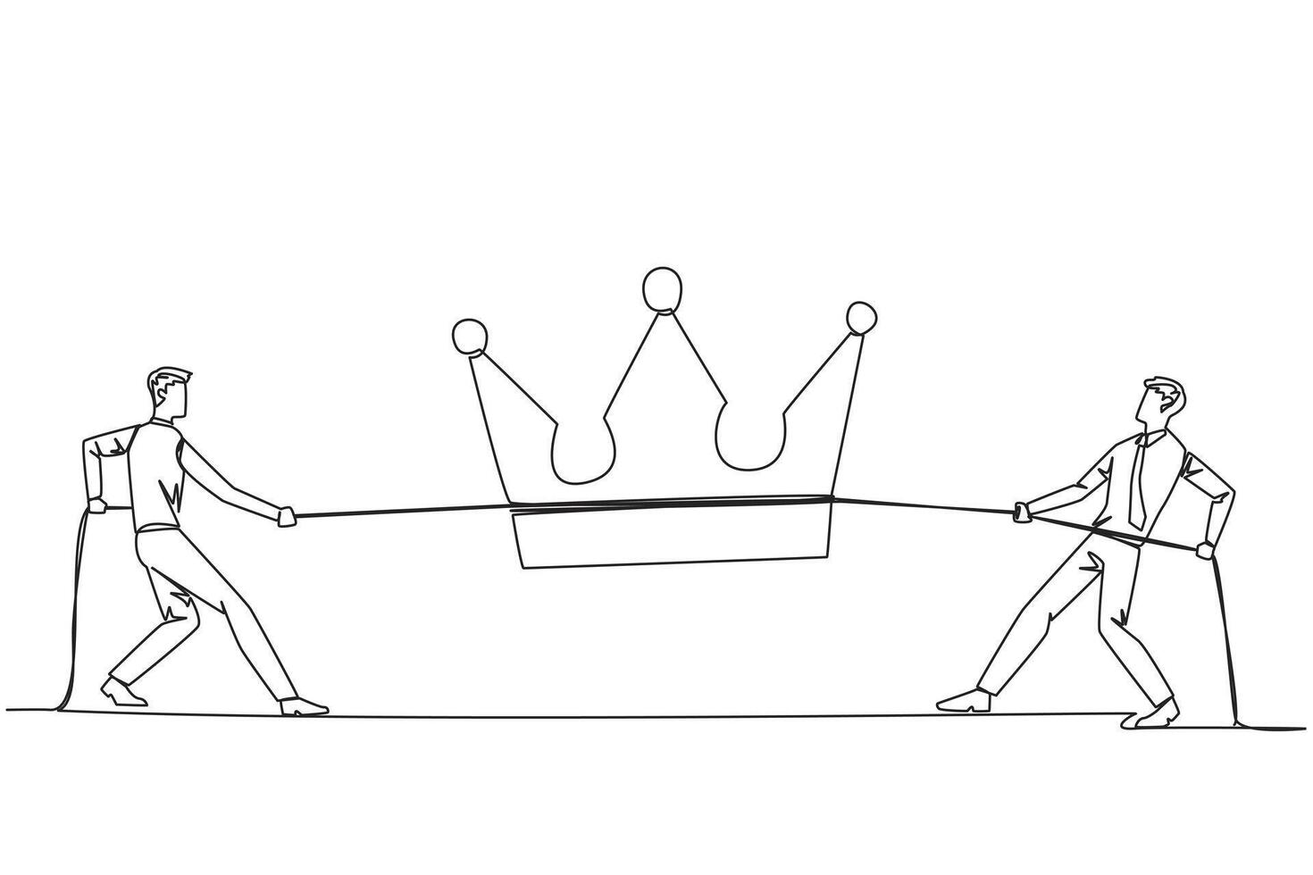 Single one line drawing two businessmen fight for the crown. Competition to create highly profitable business empire. Mastering market economy. Monopoly. Continuous line design graphic illustration vector