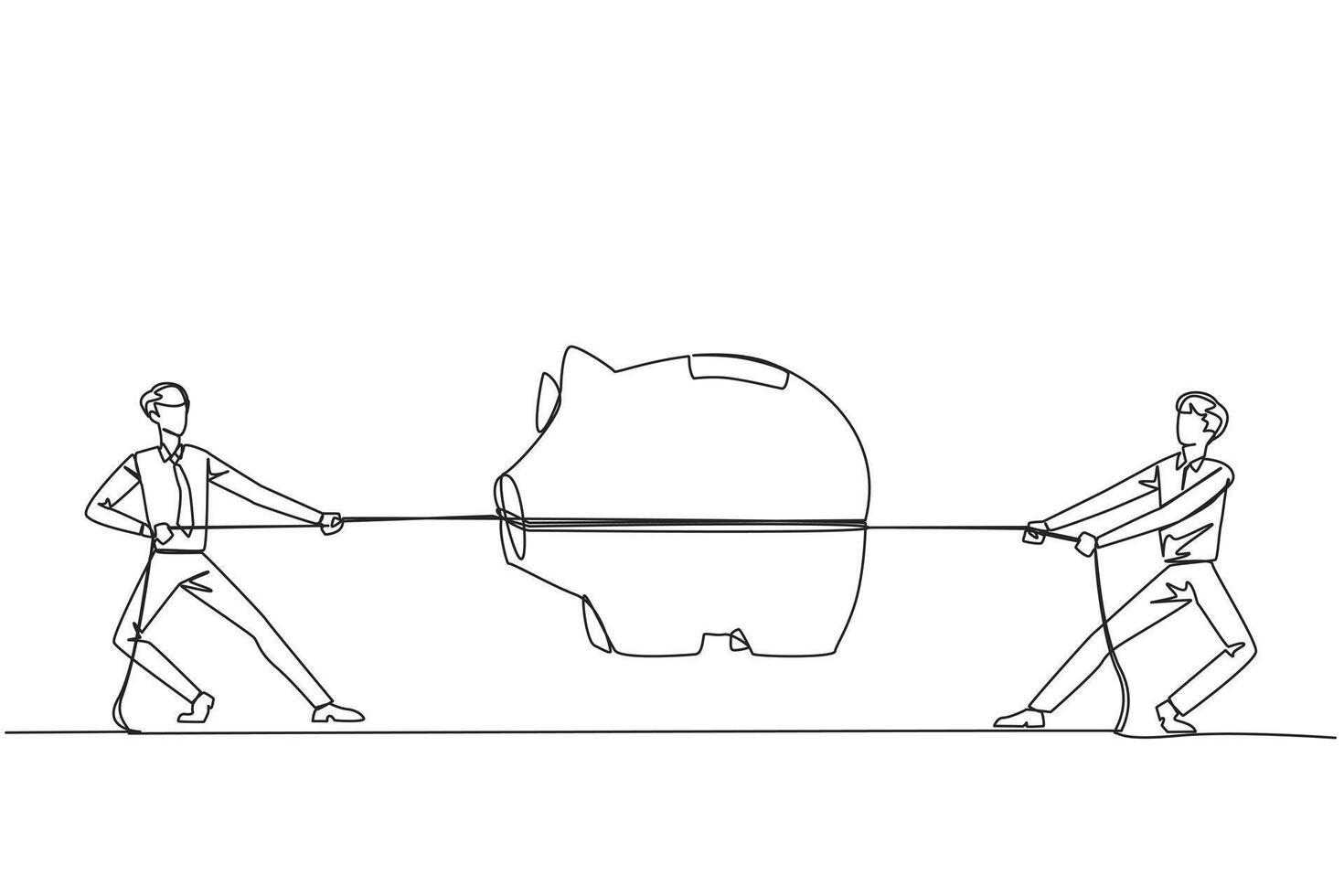 Continuous one line drawing two businessmen fighting over a piggy bank. Competition for investment. Trying to get a good life in retirement. Decent old age. Single line draw design illustration vector