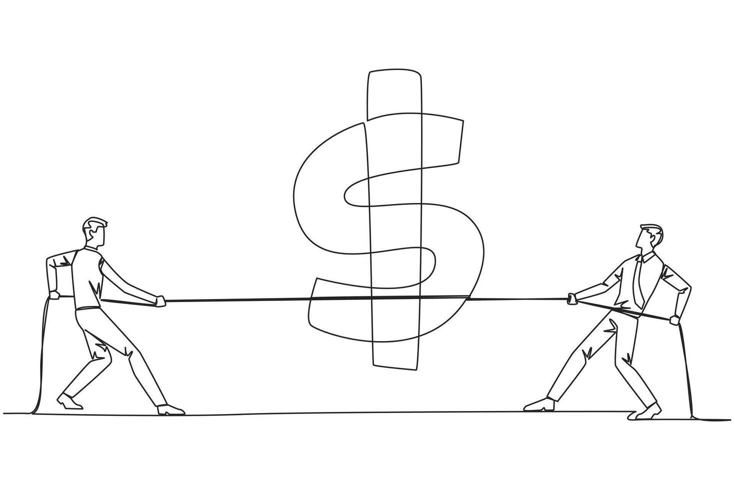 Continuous one line drawing two businessmen fighting over dollar symbol. Balancing expenditure with income. Don't be careless in spending money in business. Single line draw design illustration vector